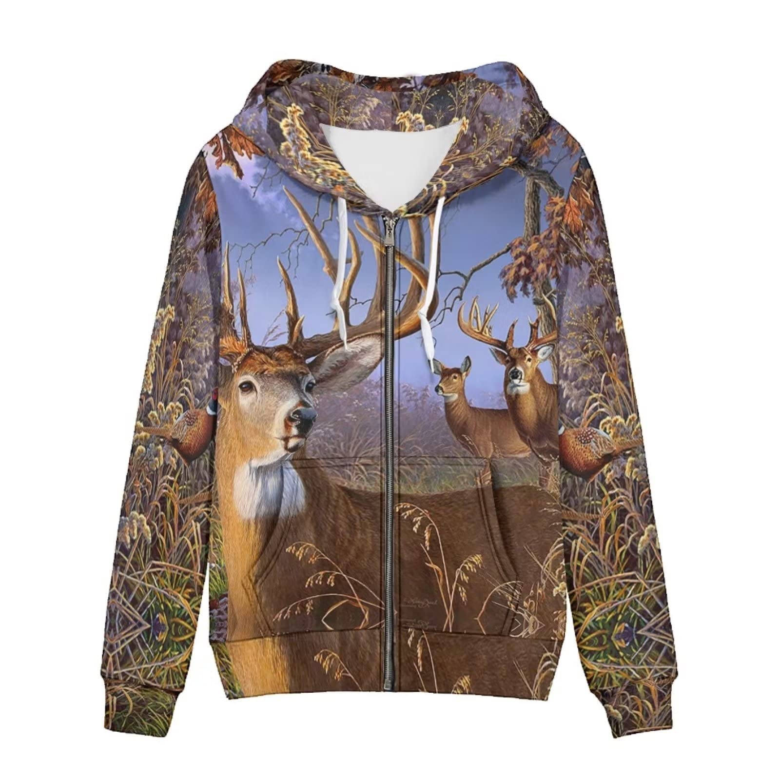 HUIACONG Damska bluza z kapturem zapinana na zamek błyskawiczny dla nastolatek sweter XS-5XL rozmiar, Las gołębi reniferów, XL