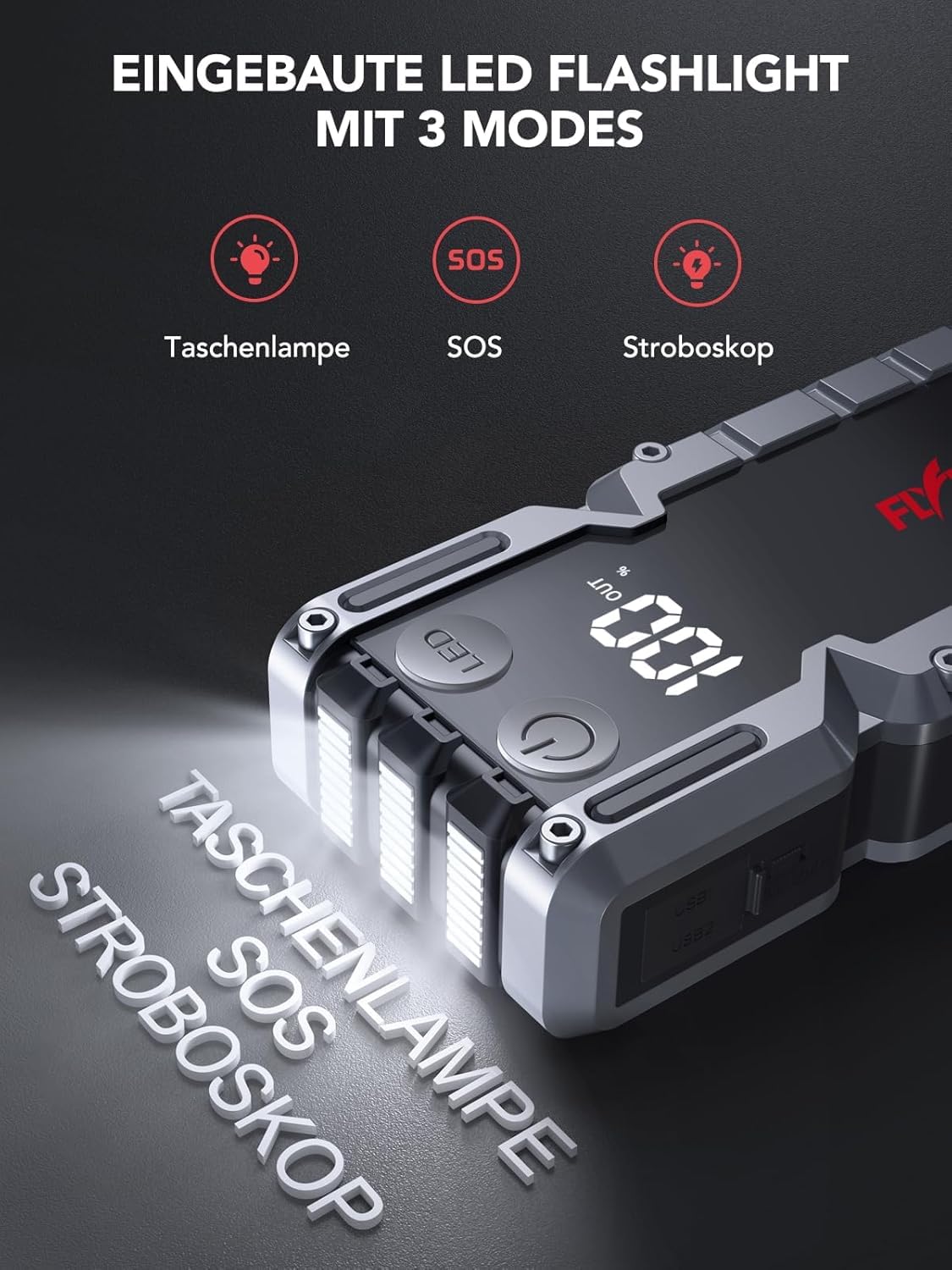 FLYLINKTECH 7000A Auto Starthilfe Powerbank für Pkw für 12V Fahrzeuge | 18000mAh/66.6Wh Starter Powerbank, USB-Schnellladung, 3-Modi LED-Licht, LCD-Display, IP67 Wasserdicht