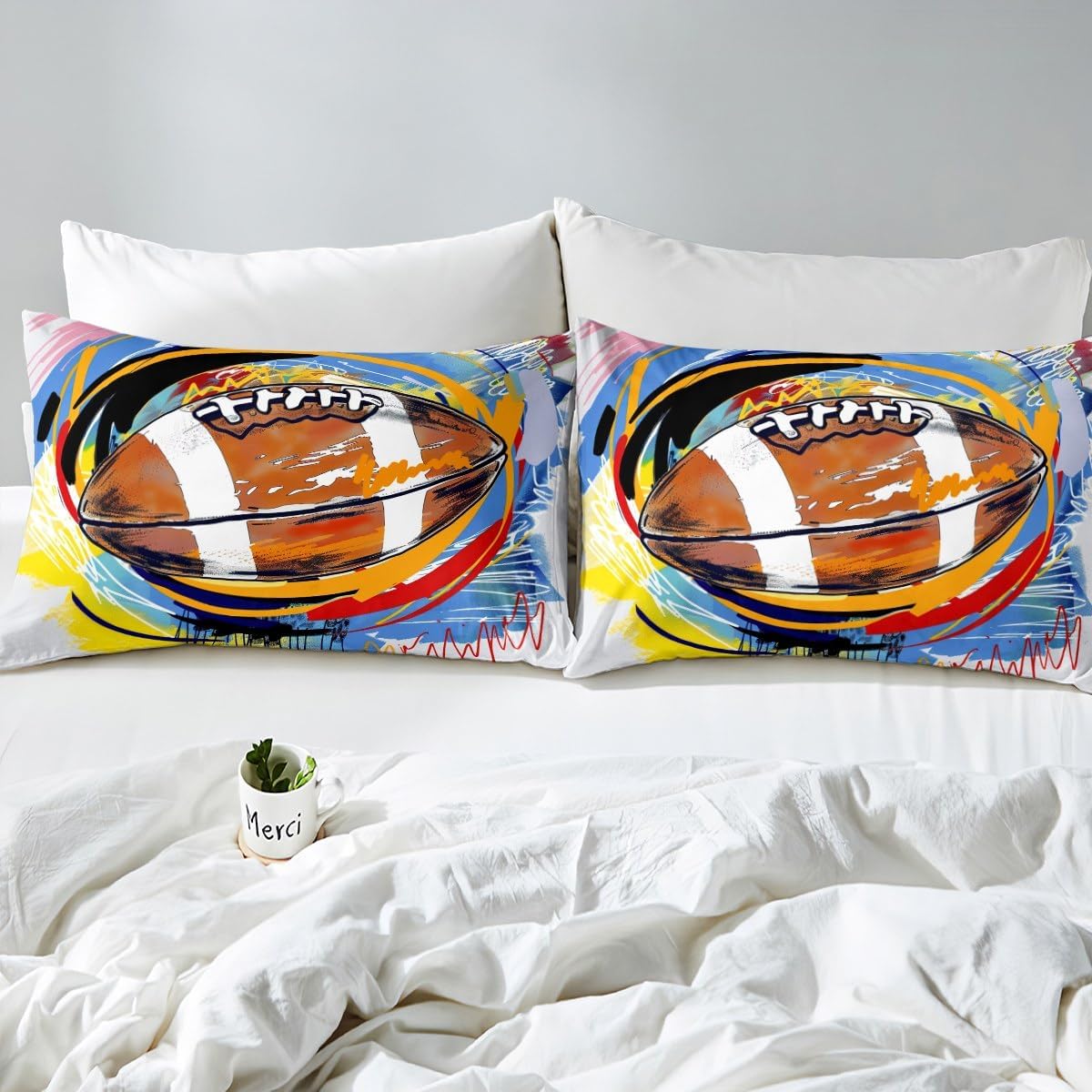 Castle Fairy American Football Duvet Cover Full Size,Watercolor Graffiti Bedding Set for Kids Boys Teens Room Decor,Ball Sports Gaming Comforter Cover Cartoon Fashion Quilt Cover 3pcs,2 Pillowcases
