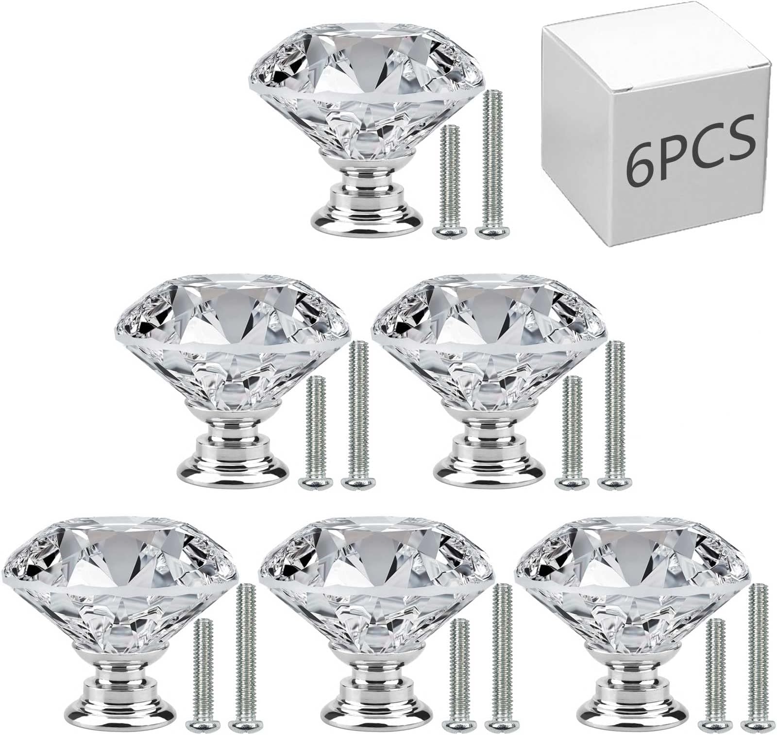 6 PCS Cabinet Knobs with 2 Sizes Screws, 30mm Drawer Handles Crystal Glass Diamond Shaped cupboards Door Knobs for Dresser Drawers and Kitchen, Bathroom Cabinet, Office