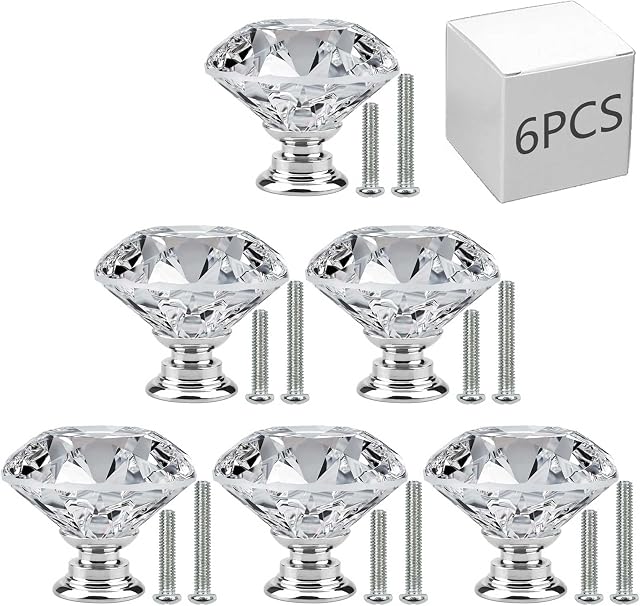 JIIDAA 6 PCS Cabinet Knobs with 2 Sizes Screws, 30mm Drawer Handles Crystal Glass Diamond Shaped cupboards Door Knobs for Dresser Drawers and Kitchen, Bathroom Cabinet, Office