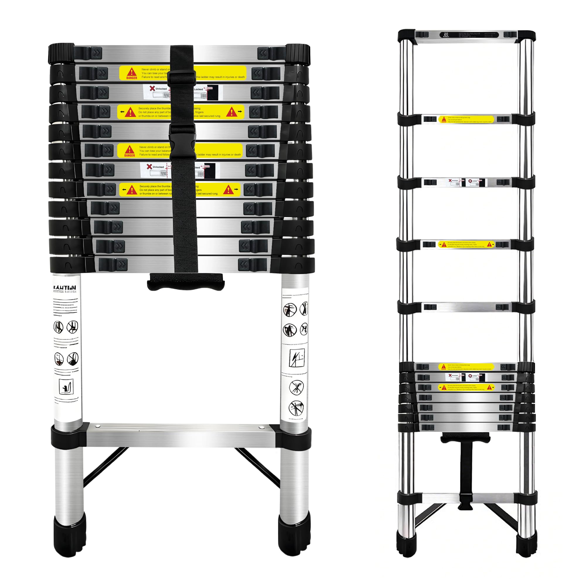 Escalera Telescópica de 3.8m,Escalera Plegable Acero Inoxidable,Escalera con cierre de seguridad con Patas Antideslizantes,Escalera Extensible,Para Mantenimiento,Techos,Camping,Capacidad MáXima 150 Kg