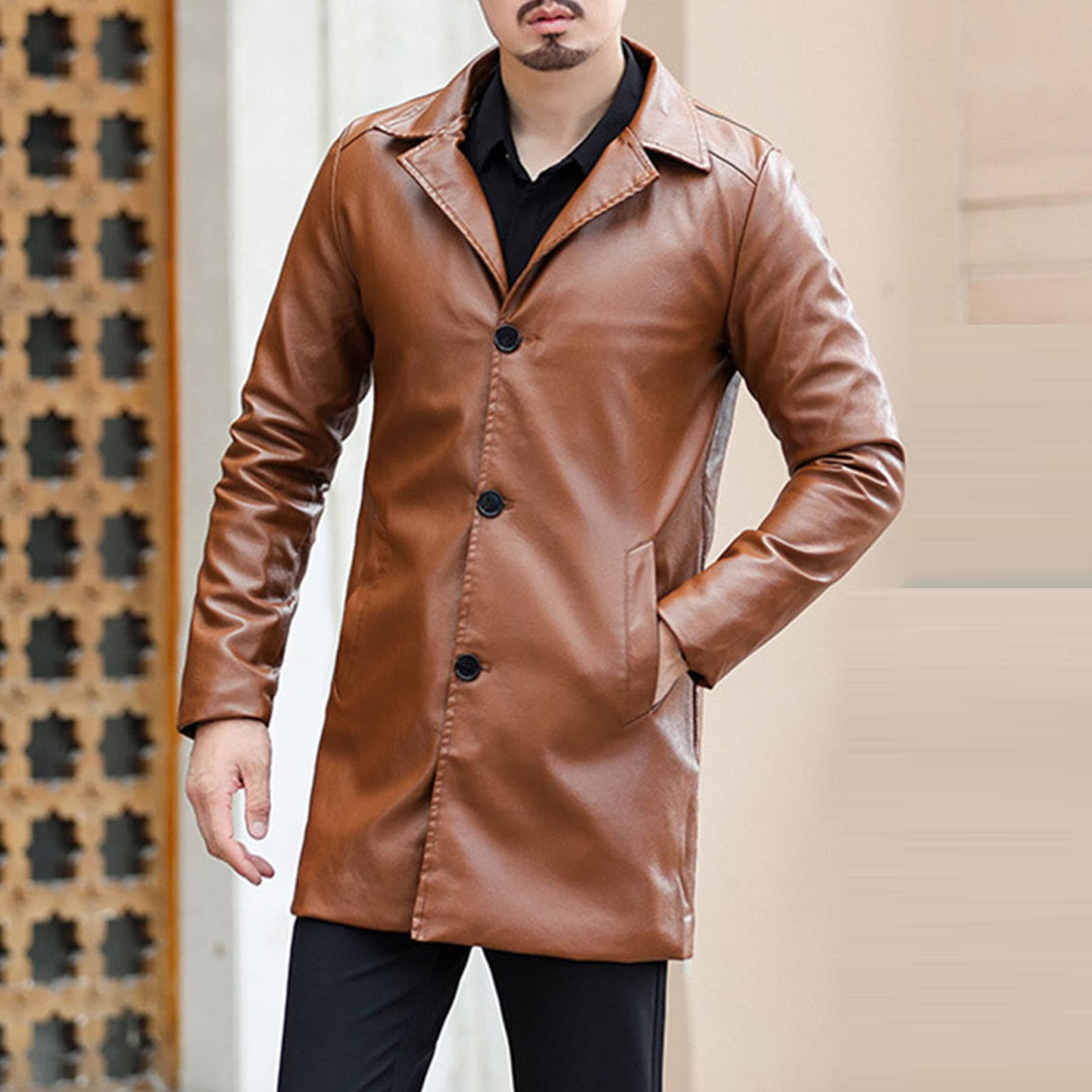 Maiyifu-GJ Men's PU Leather Trench Coat Classic Faux Leather Slim Fit Overcoat Winter Fleece Lapel Windbreaker Jacket (Khaki,4X-Large)