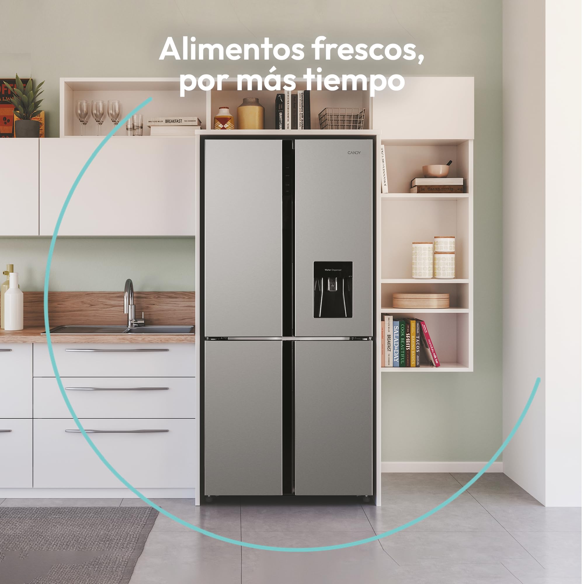 Candy CQS5T918EWX1, Frigorífico Americano 4 puertas, AnchoxAlto 91x183cm, Capacidad 560L, Total No Frost Circle+, Dispensador Agua, 2 Cajones Verduleros, Control Digital, Iluminación LED, 37DB, Inox