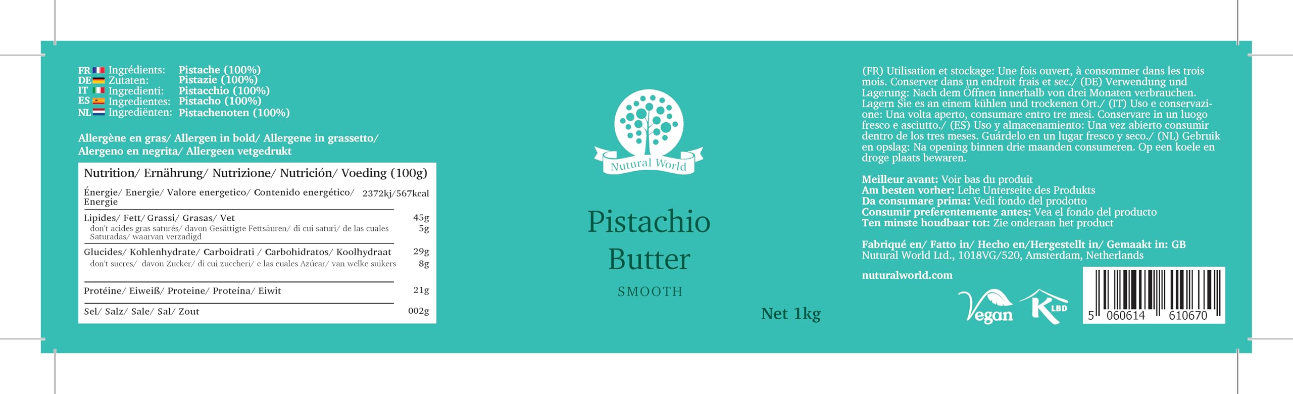 Nutural World - Mantequilla Suave de Pistacho (1kg) - Ganador del premio Great Taste