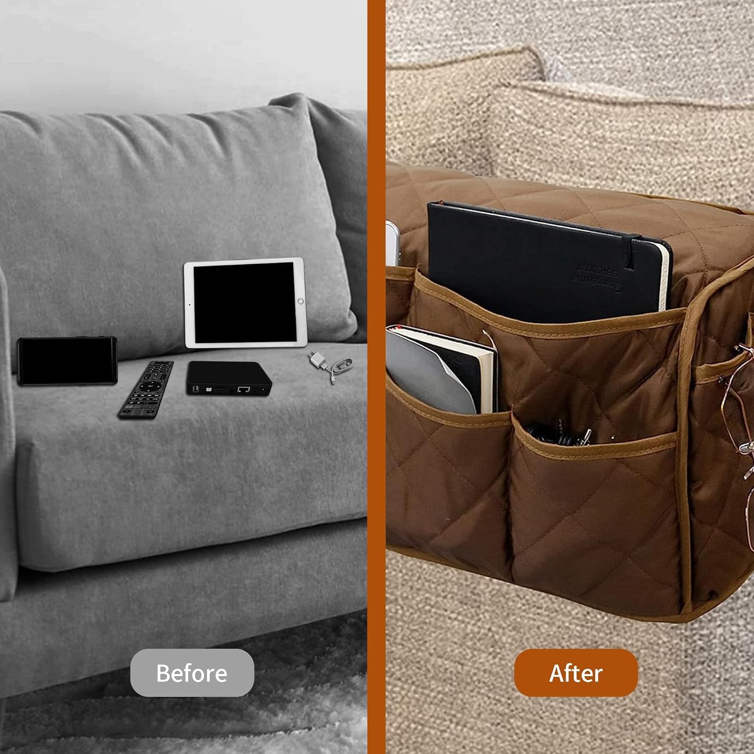 MEHIDFY Organizador de reposabrazos para sillón reclinable, organizador de reposabrazos antideslizante para sofá con 14 bolsillos de almacenamiento para revistas, tabletas, teléfonos, iPad (marrón, 2