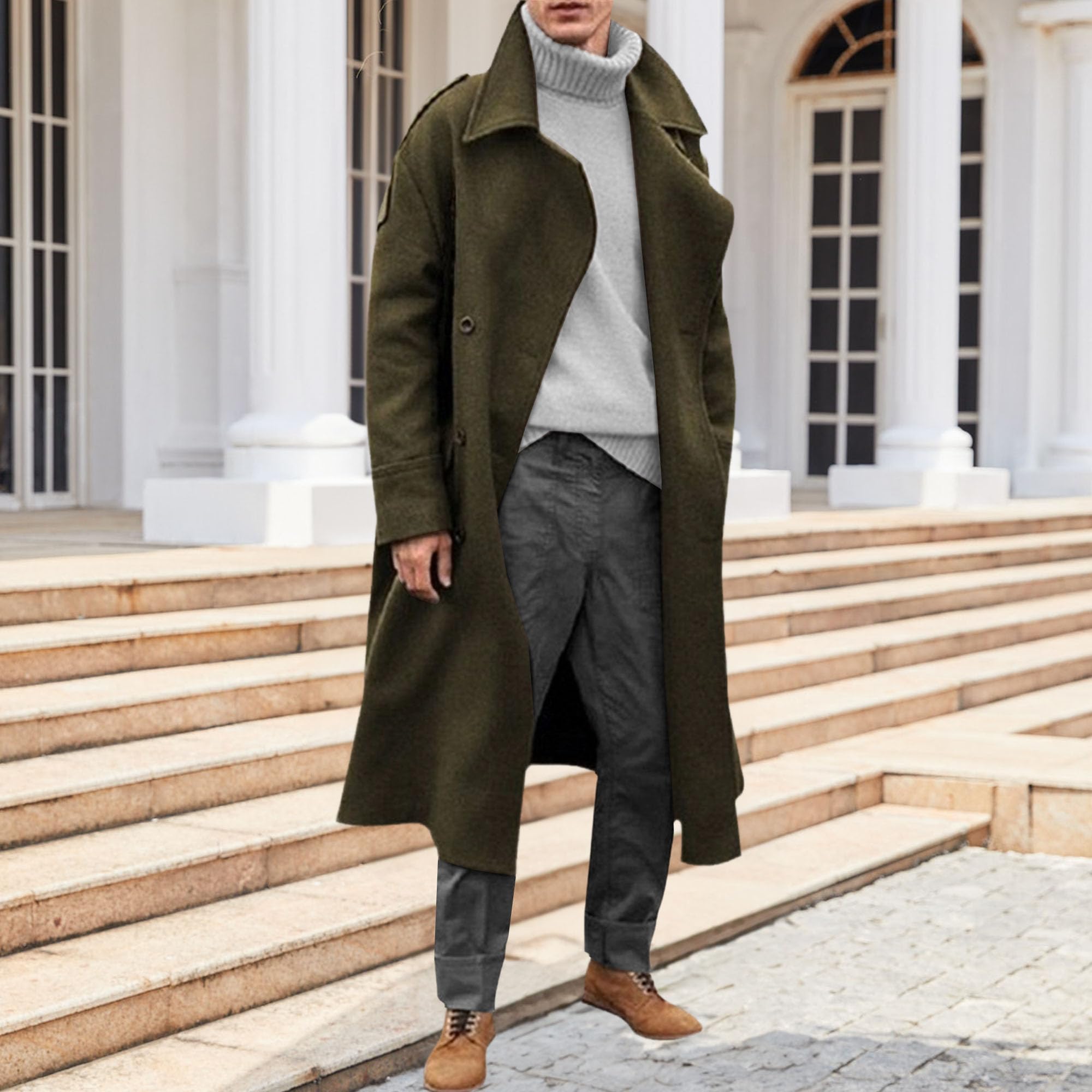 Gabardina larga con solapa de muesca para hombre, botonadura única, longitud a la rodilla, abrigo térmico de invierno, mezcla larga, abrigo casual