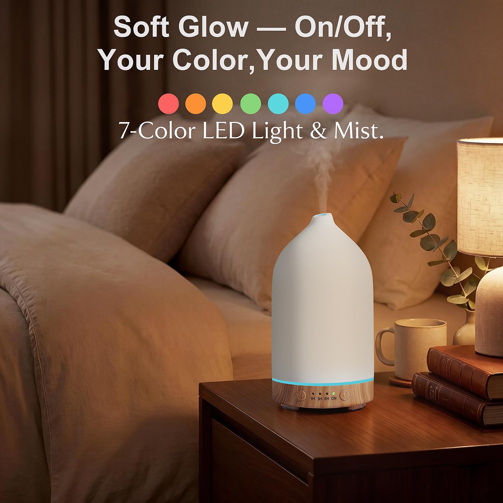 Gooamp Diffusore di oli essenziali in ceramica da 200 ml (set da 2) – Aromaterapia ad ultrasuoni e umidificatore con luci LED a 7 colori, spegnimento automatico, base con venature del legno, timer 1H