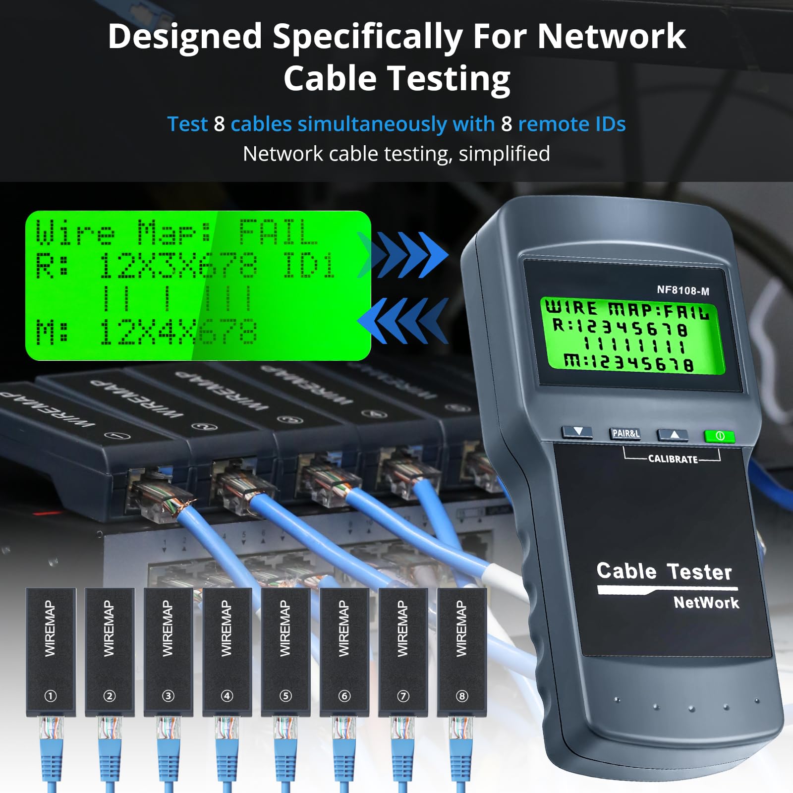 Kit tester per cavi di rete RJ45 con 8 unità remote, misuratore di lunghezza Ethernet LAN per cavi Cat5/Cat5e/Cat6/Cat6e, localizza punto di rottura, misurazione della lunghezza e controllo