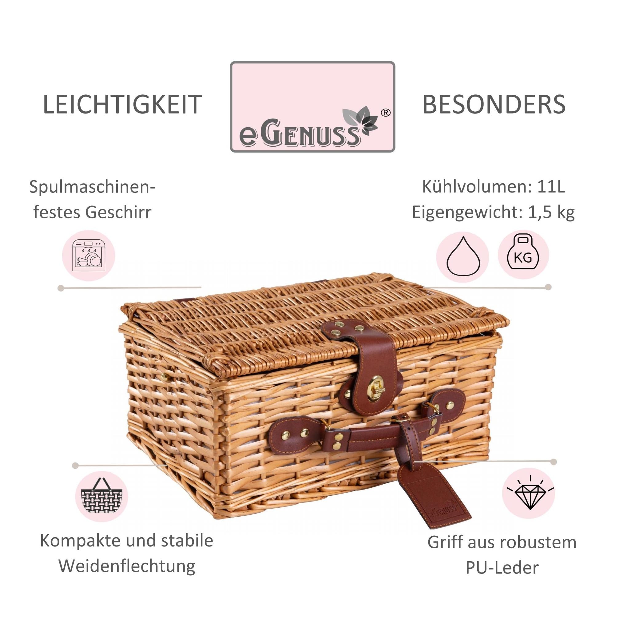 Picknickkorb für 2 Personen – Handgefertigtes Picknick Set aus Weide mit Kühlfach – Rot-Weiße Innenausstattung