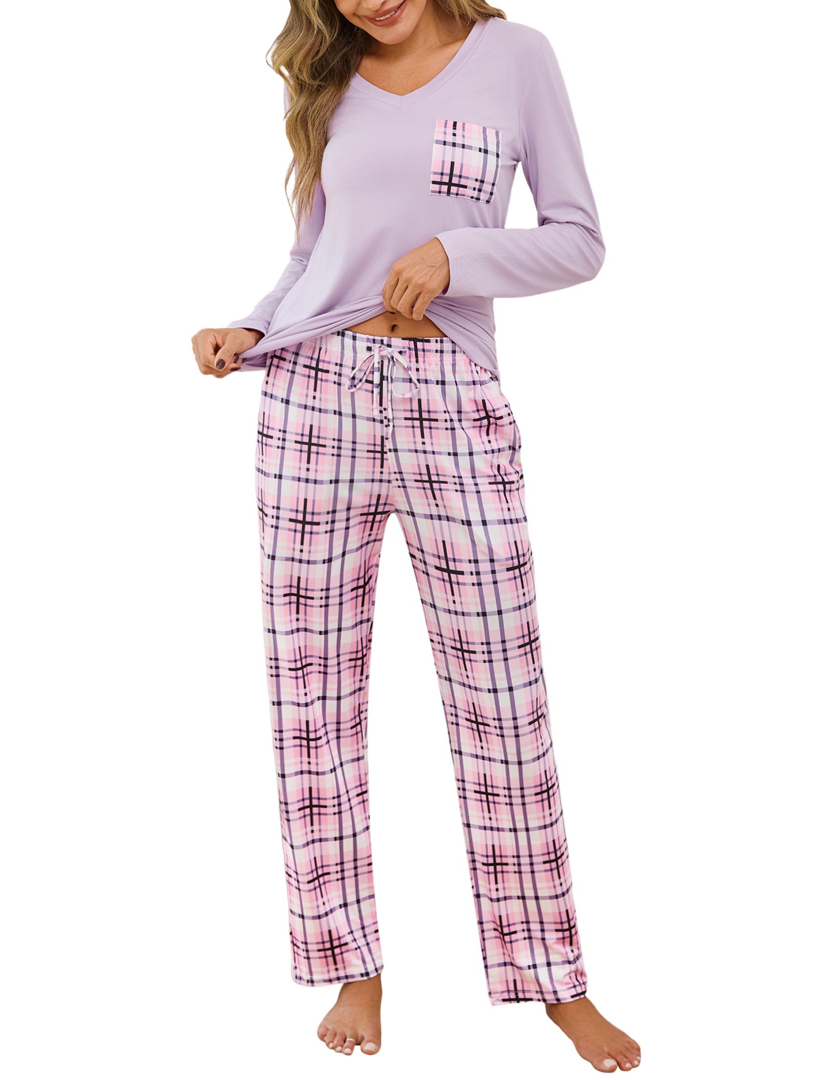 iClosam Schlafanzug Damen Lang Pyjama Set Winter Baumwolle V-Ausschnitt Zweiteiliger Nachtwäsche Langarm Sleepwear und Karierte Pyjamahose Loungewear Freizeitanzug