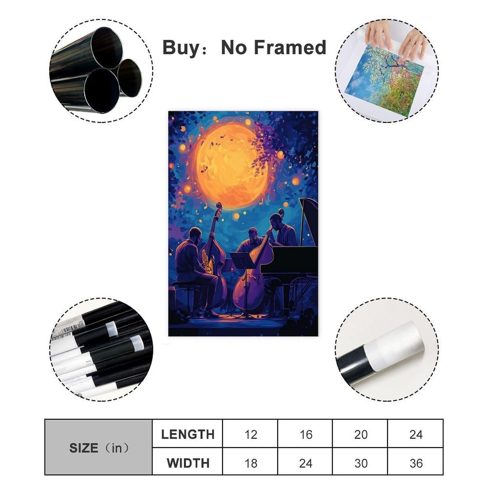 Illustrazione del quartetto jazz, poster artistico su tela con musica notturna decorazione artistica da parete dipinti per soggiorno camera da letto decorazione 61 cm L x 91,4 cm W