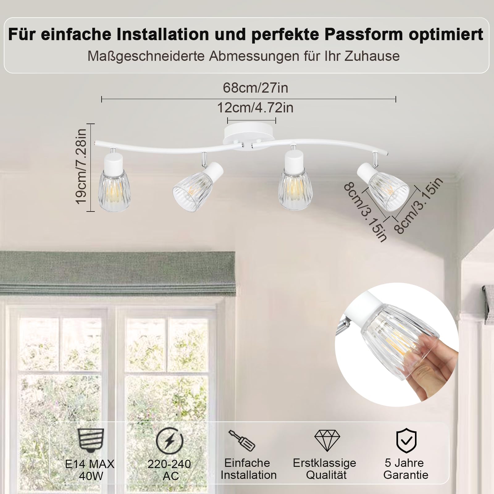 LED Deckenstrahler 4 Flammig E14 Weiß mit Glasschirmen