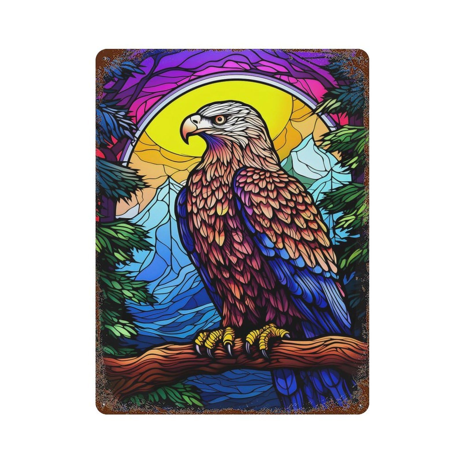 Garage Style Eagle Colorful Stained Gla Distressed Metal Wall Sign 15.7"x11.8", Retro Wall Decor for Bar And Workshop