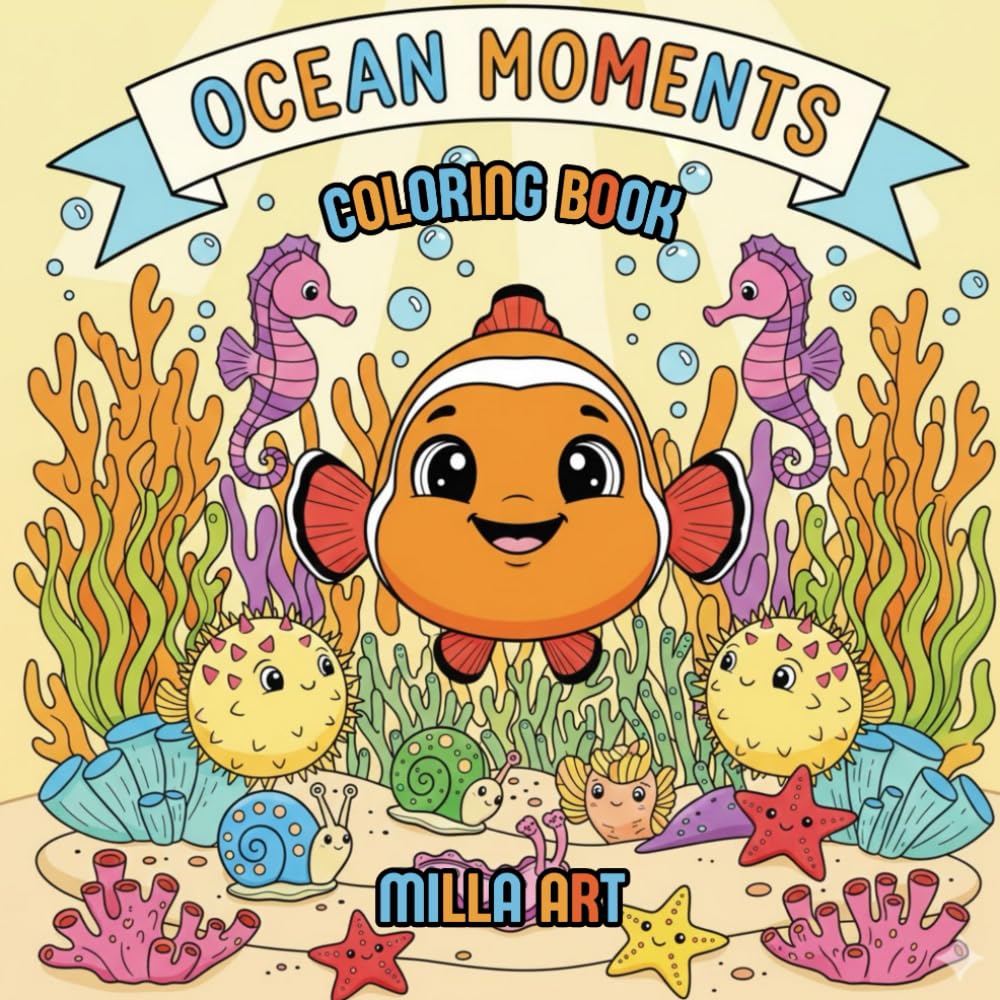 Ocean Moments: Cozy Coloring Adventures with Chubby Clownfish and Friends: Relaxing Underwater Coloring Book for Adults & Kids – 43 Fun and Cute Ocean Scenes