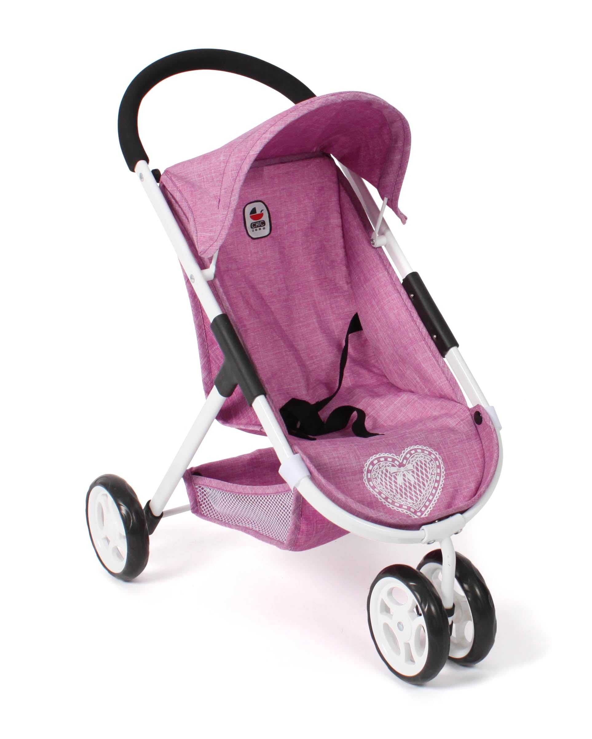 Bayer Chic 2000® Puppenbuggy Speedy – Jeans pink | 3-Rad Puppenbuggy mit Sonnenverdeck & Anschnallgurt. Feste Griffhöhe 58 cm. Leichtgängige Doppelräder & Gepäcknetz. 1,5 kg.