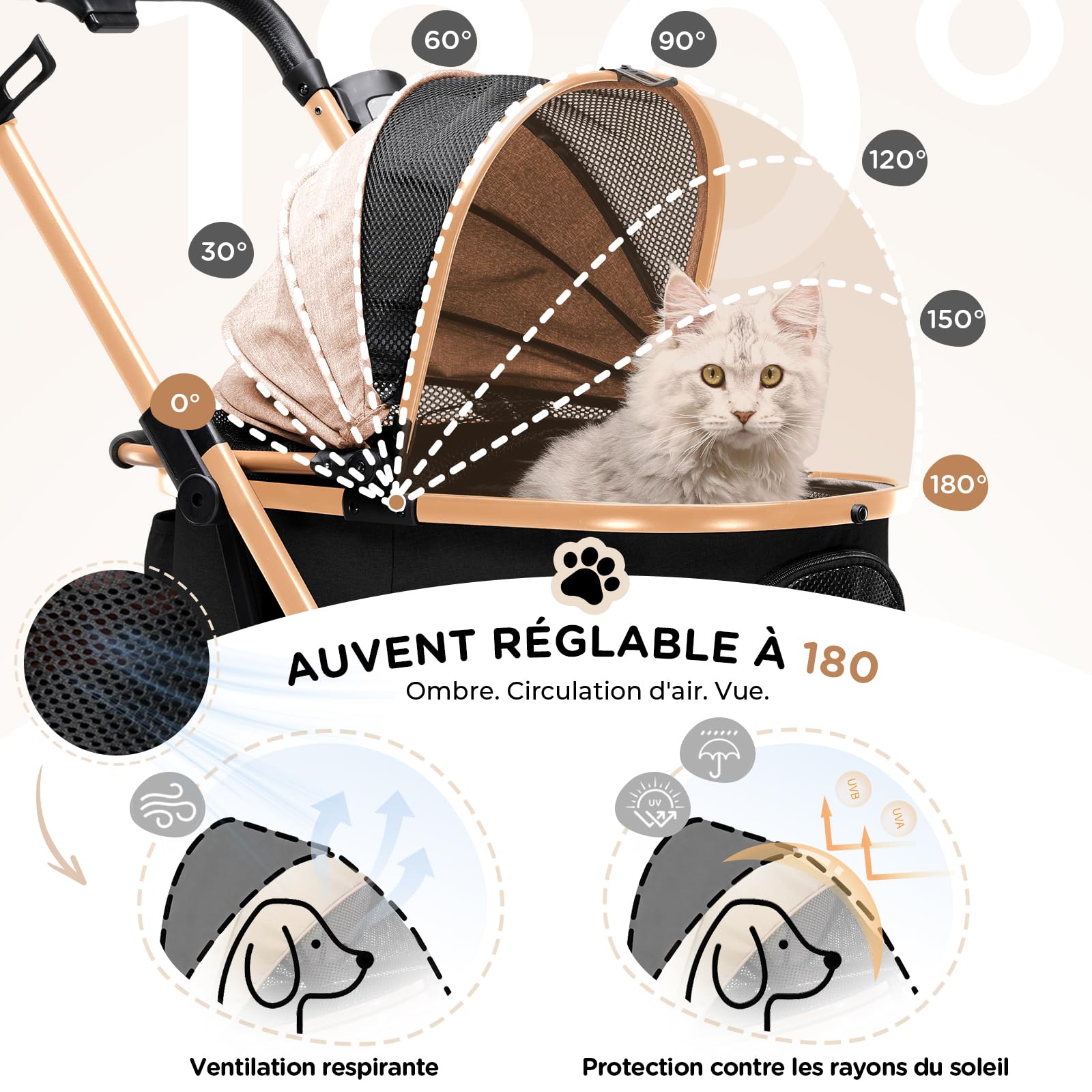 GTPLAYER Poussette Chien 4-en-1, Poussette pour Chien Chat, Jusqu'à 25KG, Voyage Transporteur Amovible, Poussette Tout-terrain Pour Animaux de Compagnie, Or