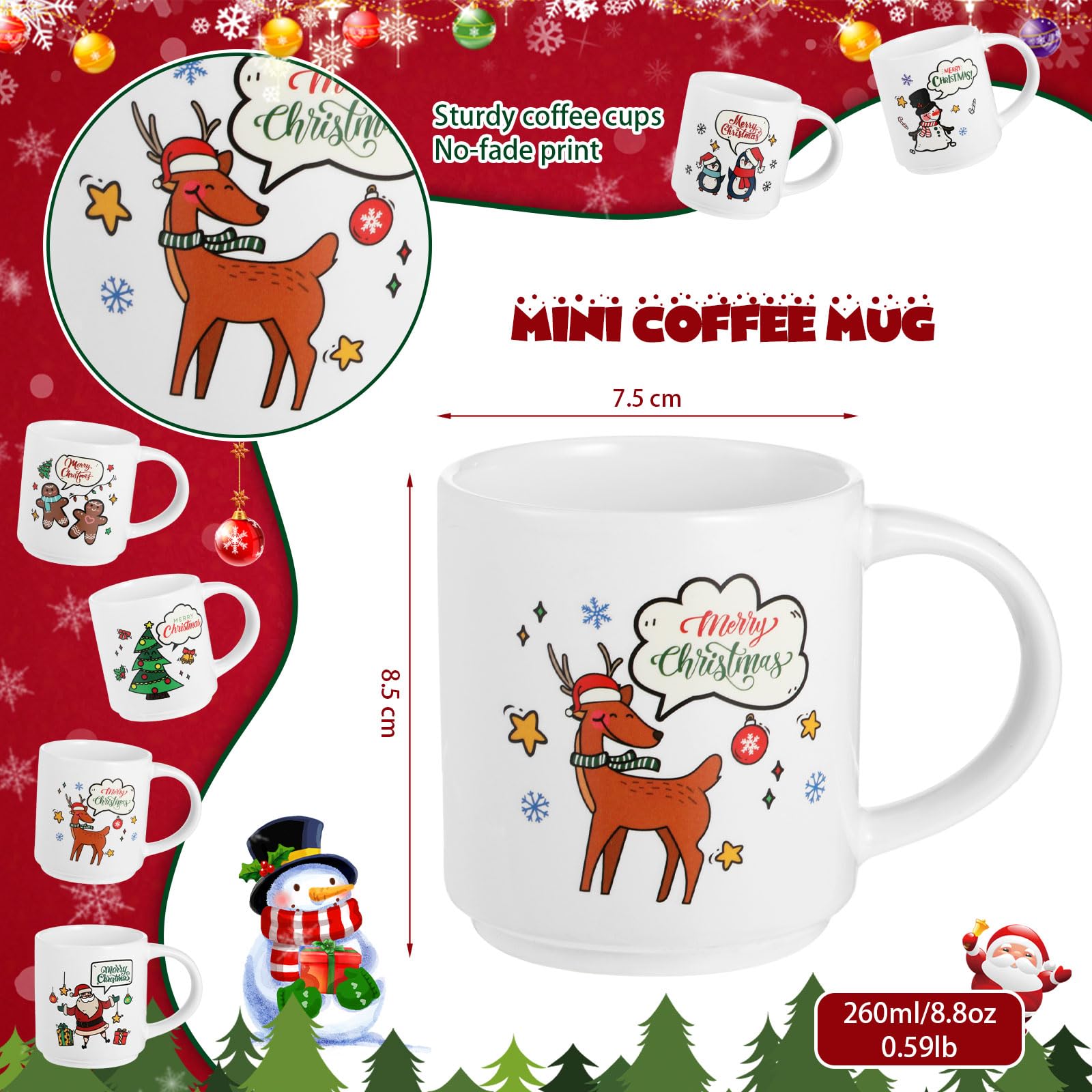 Yungyan 10 Stück Keramik-Weihnachtstassen, 266 ml, Weihnachts-Kaffeetassen, Schneeszene, Rentier, wiederverwendbare Feiertagstassen, Großpackung mit festlichen Designs, Tassen für Weihnachten, Tisch,