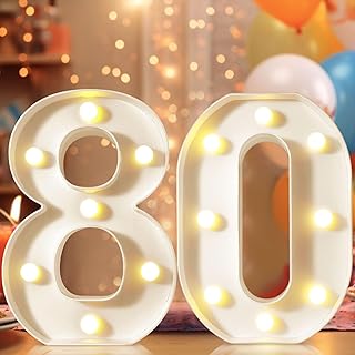 Números de marquesina con luz LED de 8.8 pulgadas, color blanco 80 para decoraciones de cumpleaños 80, luces nocturnas de fiesta, decoración del hogar
