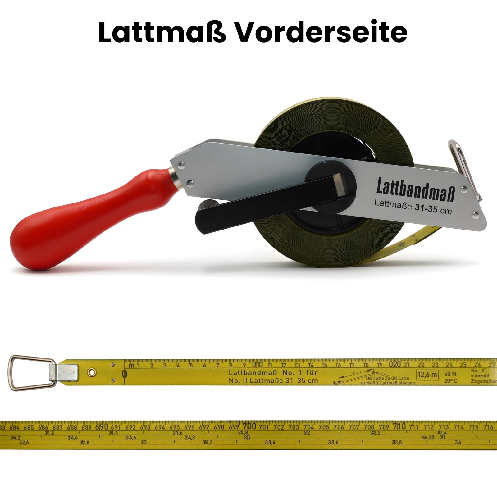 Richter Lattbandmaß für Dachdecker & Zimmerer – Lattmaße 31–39 cm – „rechnendes“ Bandmaß zur sicheren Auflattung inkl. DEWEPRO Zollstock 2 m