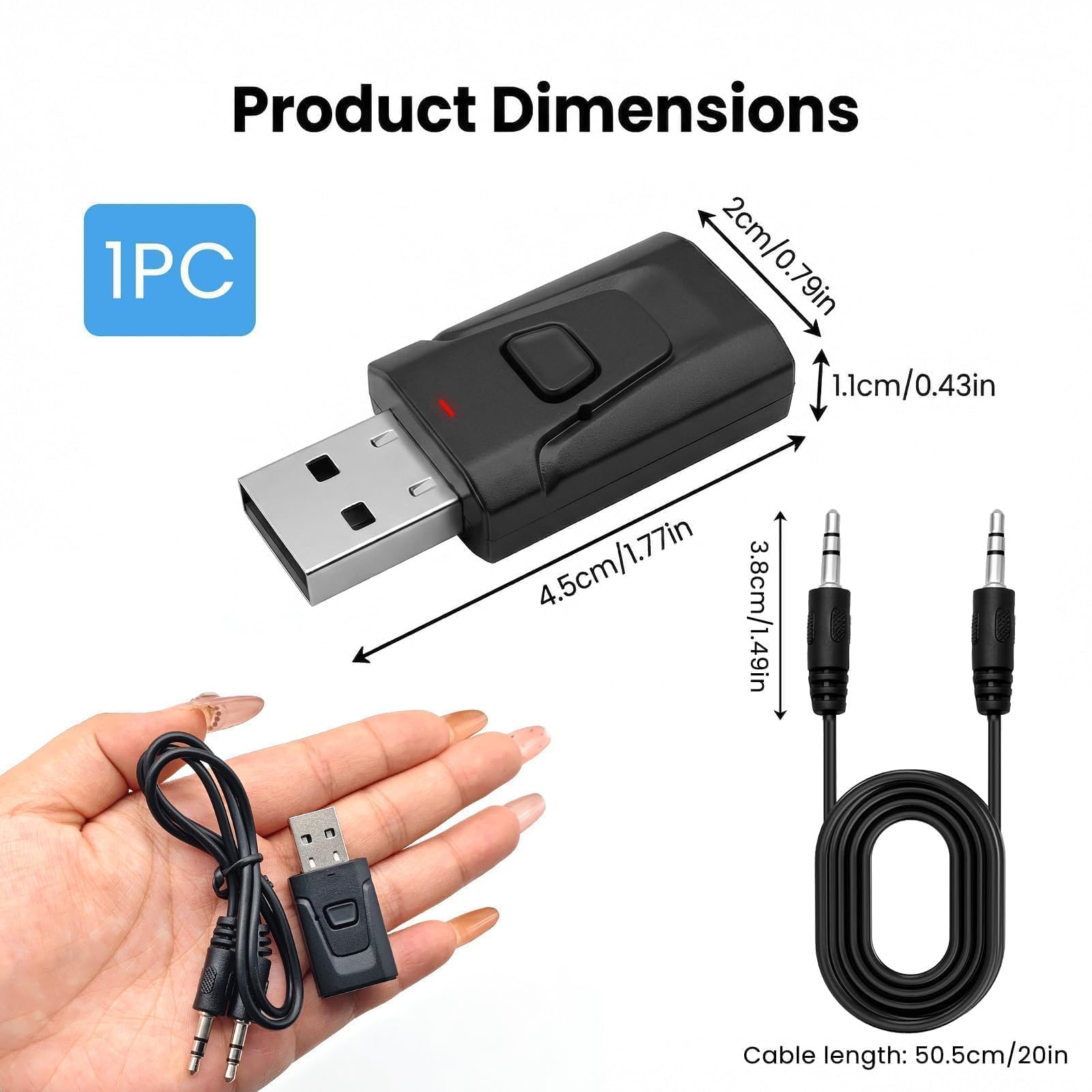 Adaptador Bluetooth USB 5.0, Transmisor Receptor 2 En 1 con Jack 3,5 Mm para TV Y Coche, Audio Sin Retardo, Plug and Play Compatible con Pc, Auriculares, Altavoces y Hi-Fi