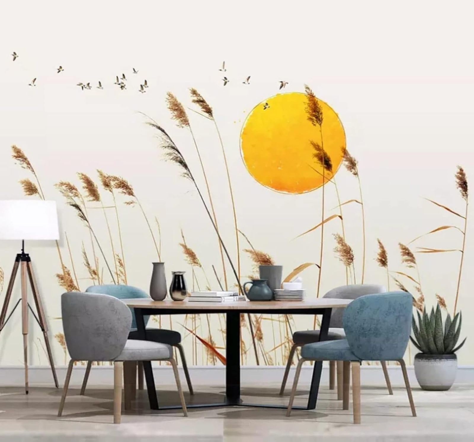 Wallpaper-3D-Xlm 200Cm×140Cm(B×H) Minimalist Hand Drawn Reeds Birds In Flight Sun 3D Wallpaper Easy Install Feature Office Living Room Sofa Bedroom Tv Background Wall Decoration-200Cm×140Cm