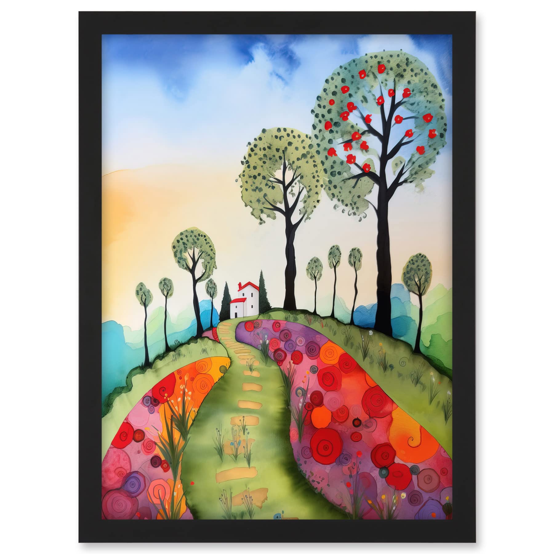 Artery8 Countryside House Path With Flowerbeds Folk Art Landscape Watercolour Painting Artwork Framed A3 Wall Art Print
