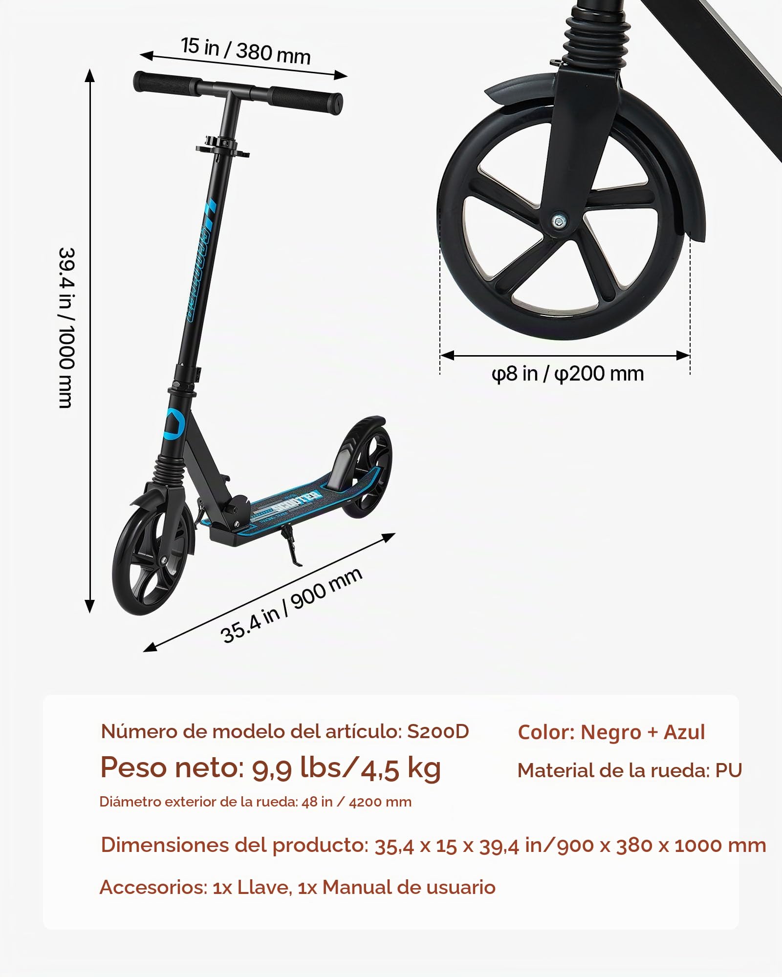 VEVOR Patinete 2 Ruedas, a Niños a Partir de 8 Años, Patinete Urbano Plegable con Manillar Regulable en Altura 860/930/1000 mm y Base Antideslizante, hasta 100 kg, Armazón de Acero, Negro y Azul