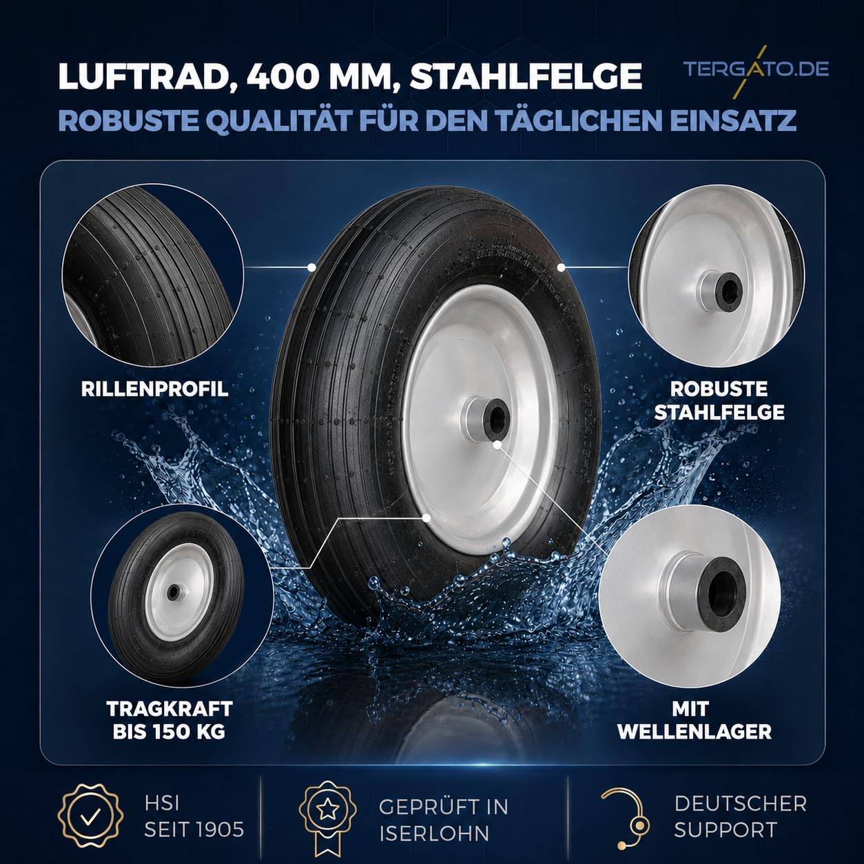 2er Set Luftrad 400 mm mit Stahlfelge von tergato| Schubkarrenräder mit Wellenlager | Ersatzräder Set bis 300 kg