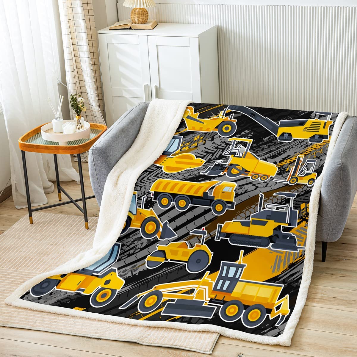 Homewish Equipment Trucks Überwurfdecke Bagger Bettdecke Gelbe Fahrzeug-Plüschdecke für Kinder Jungen Teenager Bautraktor Baustelle Auto Fuzzy-Decke für Schlafzimmerdekoration, 150 x 200