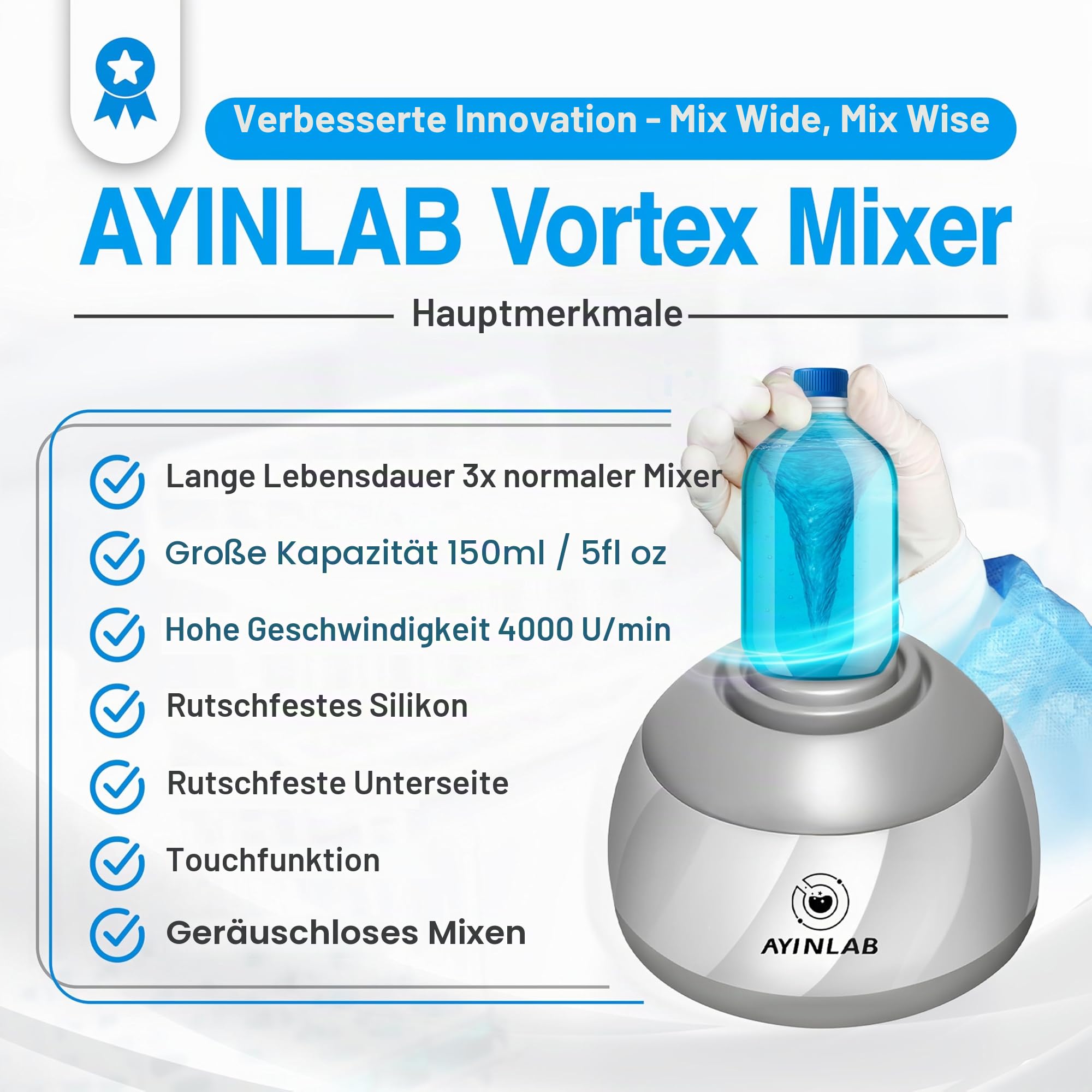 Mix Wide Vortex Mixer 4000 U/min, Farb- & Labor-Mixer, 20.000h bürstenloser Motor, max. 150ml, für Chemie, Nagelgel, Tinte, Harz, DIY