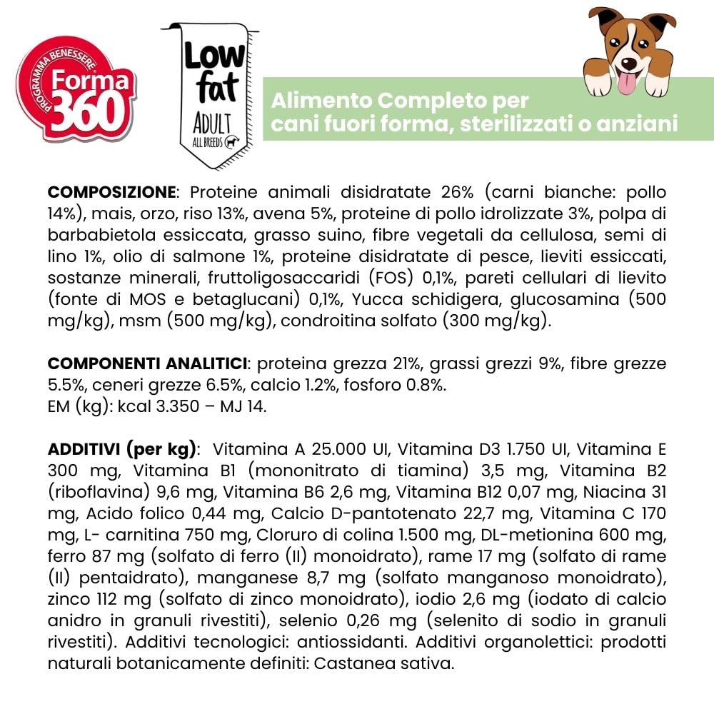 Crocchette per Cani Adulti Sovrappeso e Sterilizzati – Low Fat per Controllo del Peso – Carni Bianche – Forma360 – 12 kg