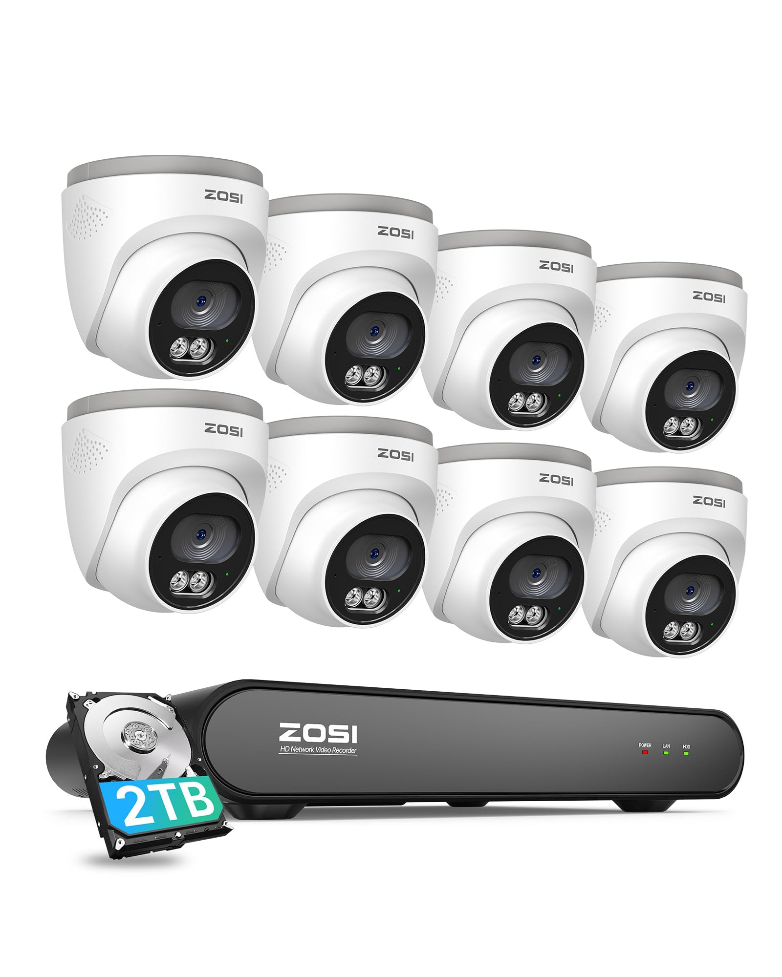 Zosi 8Ch 5Mp Poe Cctv Camera System Outdoor Indoor, 2.5K 8 Channel H.265+ Nvr With 2Tb Hdd And 8 X 4Mp Poe Security Cameras, Smart Human Detection, Night Vision, Remote Access, 24/7 Recording