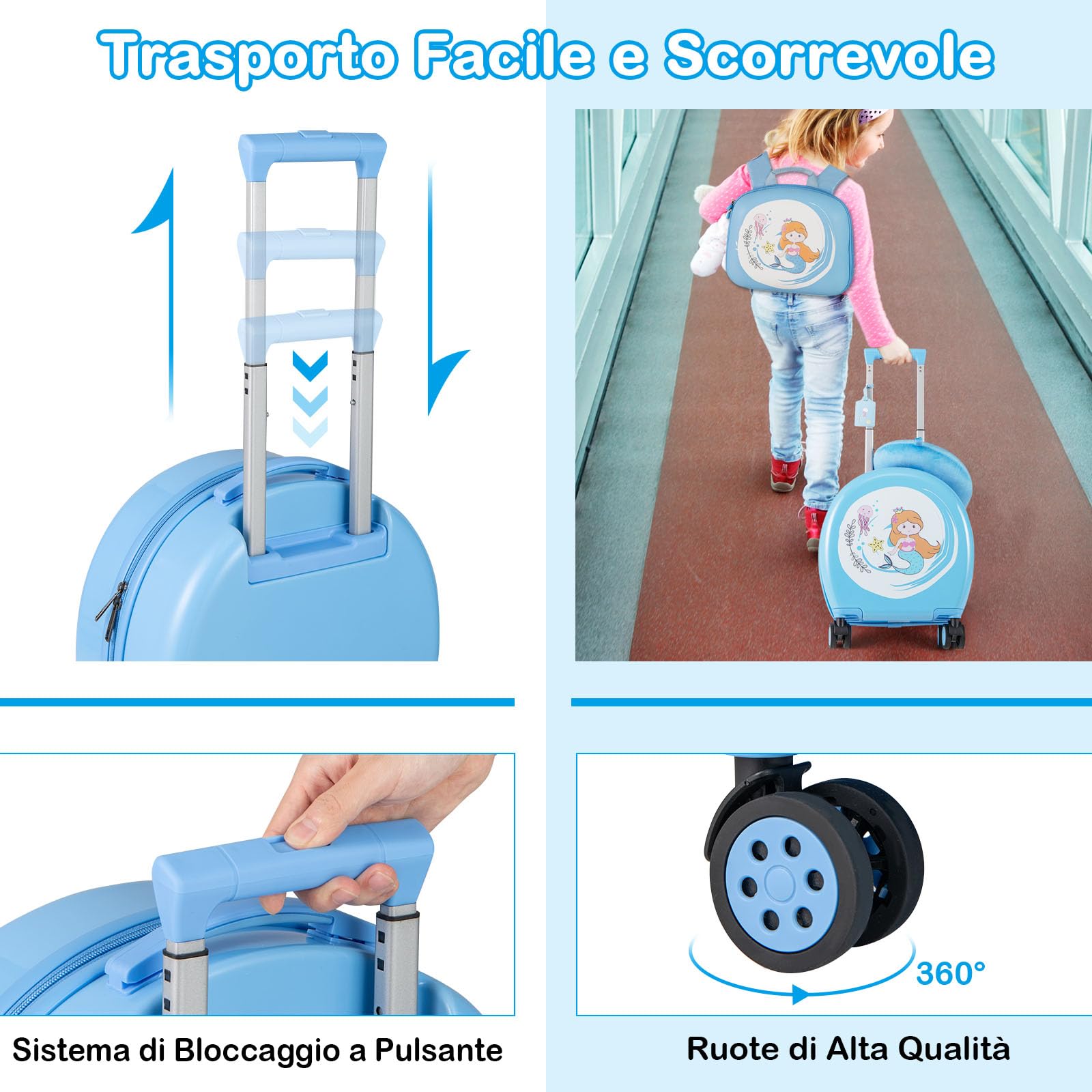 RELAX4LIFE Juego de Maleta Infantil para Niños de 4 Piezas, Maleta de 35,5 cm y Mochila de 25 cm con Cojín para El Cuello y Etiqueta de Nombre, Maleta Niños con Ruedas (Azul)