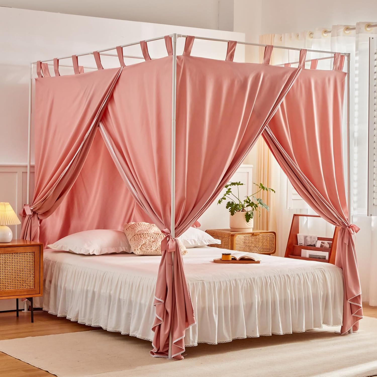 AIKASY Bean Paste Canopy Bed Curtains with Top Ties and Tie