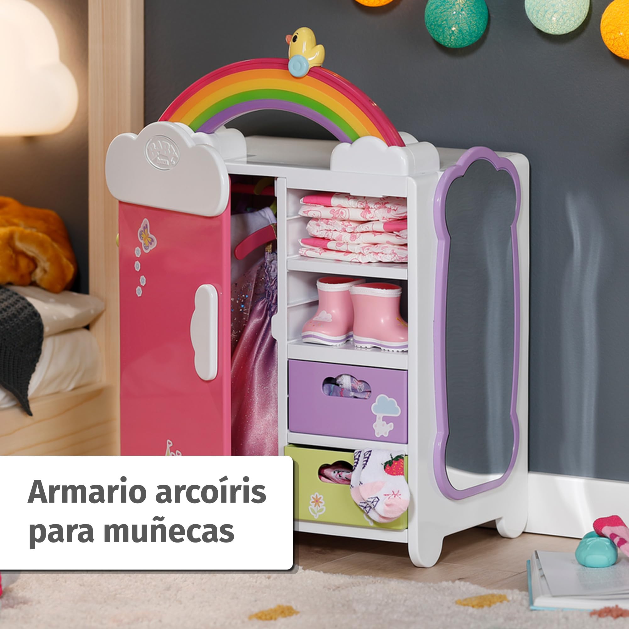Armario arcoíris BABY born – con luz, Sonidos, cajones, Perchas y Pegatinas - Accesorios de Calidad para muñecas