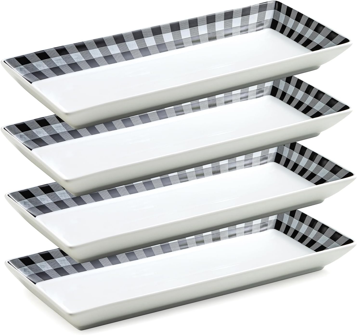 LAUCHUH Dinner Plates, 14 inch Porcelain Checkered Serving Platters Black and White Rectangular Plates Serving Trays for Food Set of 4 for Party, Cheese, Cupcakes, Cake, Cookies, Fruit, Vegetables Checkered 14 inch