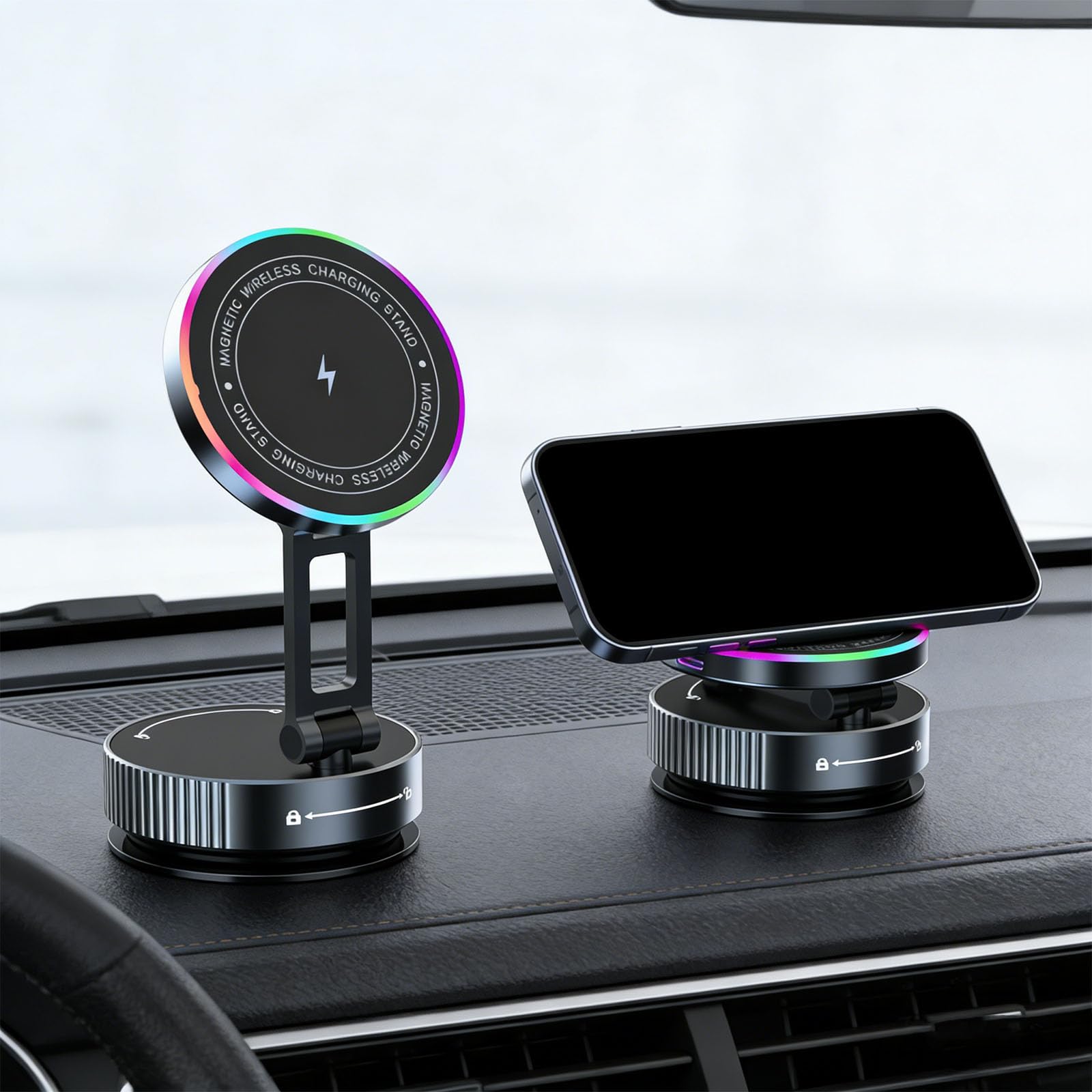 Soporte flexible para teléfono de coche multiposición con dispositivo inalámbrico de 15 W de alineación automática y base súper firme ° ajustable para coche