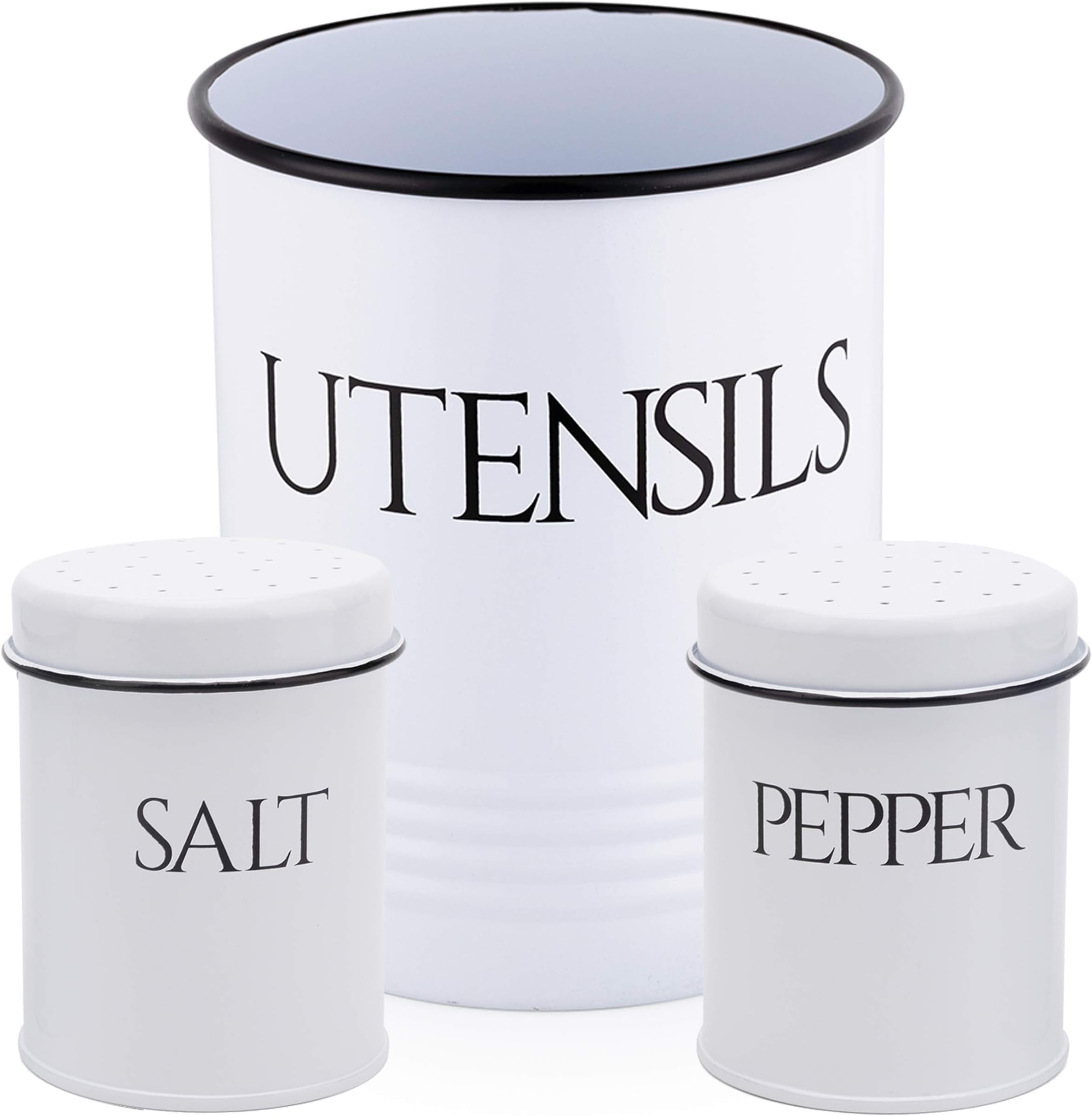 Large Kitchen Utensil Holder and Farmhouse Decor with Matching Salt and Pepper Shakers, White | Chic Vintage Cooking Utensils Holder | Ideal Gift For Women, Wife, Mom, Girlfriend