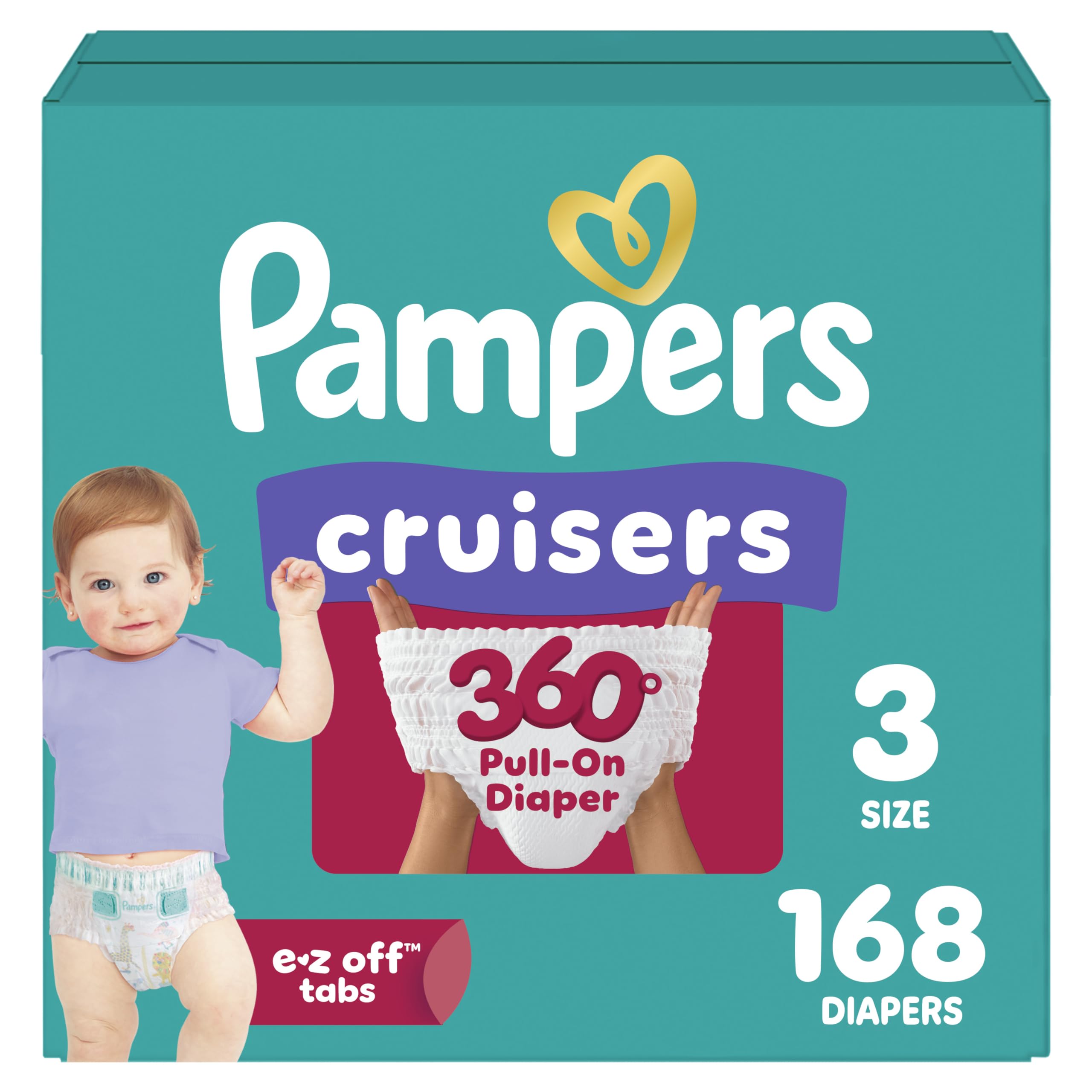 Pampers Diapers - Cruisers 360 - Size 3, 168 Count, Babyproof, up to 100% Leakproof Pull-On Diaper (Packaging May Vary)