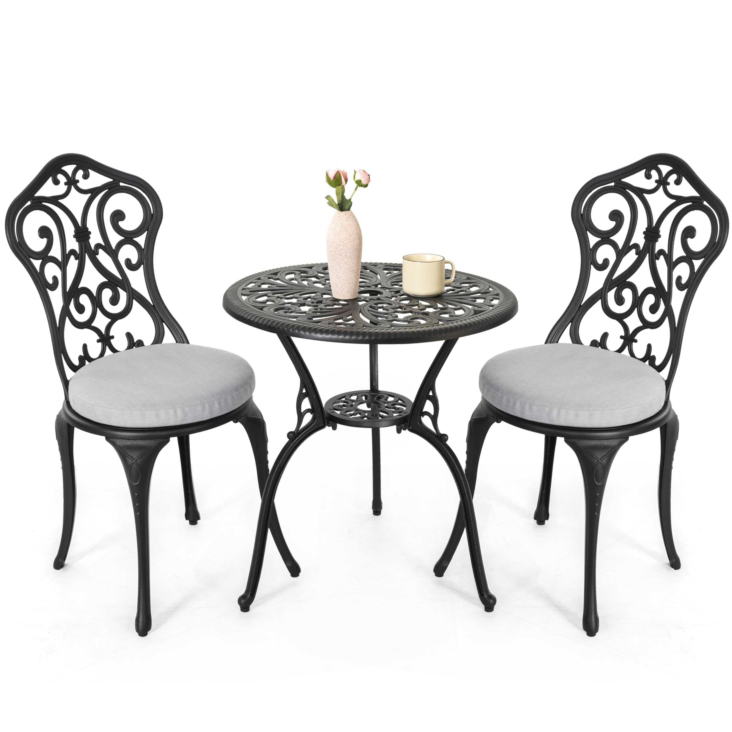 NUU GARDEN Patio 3-Piece Bistro Set with Olefin Cushions, Patio Chairs and Outdoor Round Table with Umbrella Hole, Cast Aluminum Patio Set for Lawn, Garden, Porch, Poolside, Black