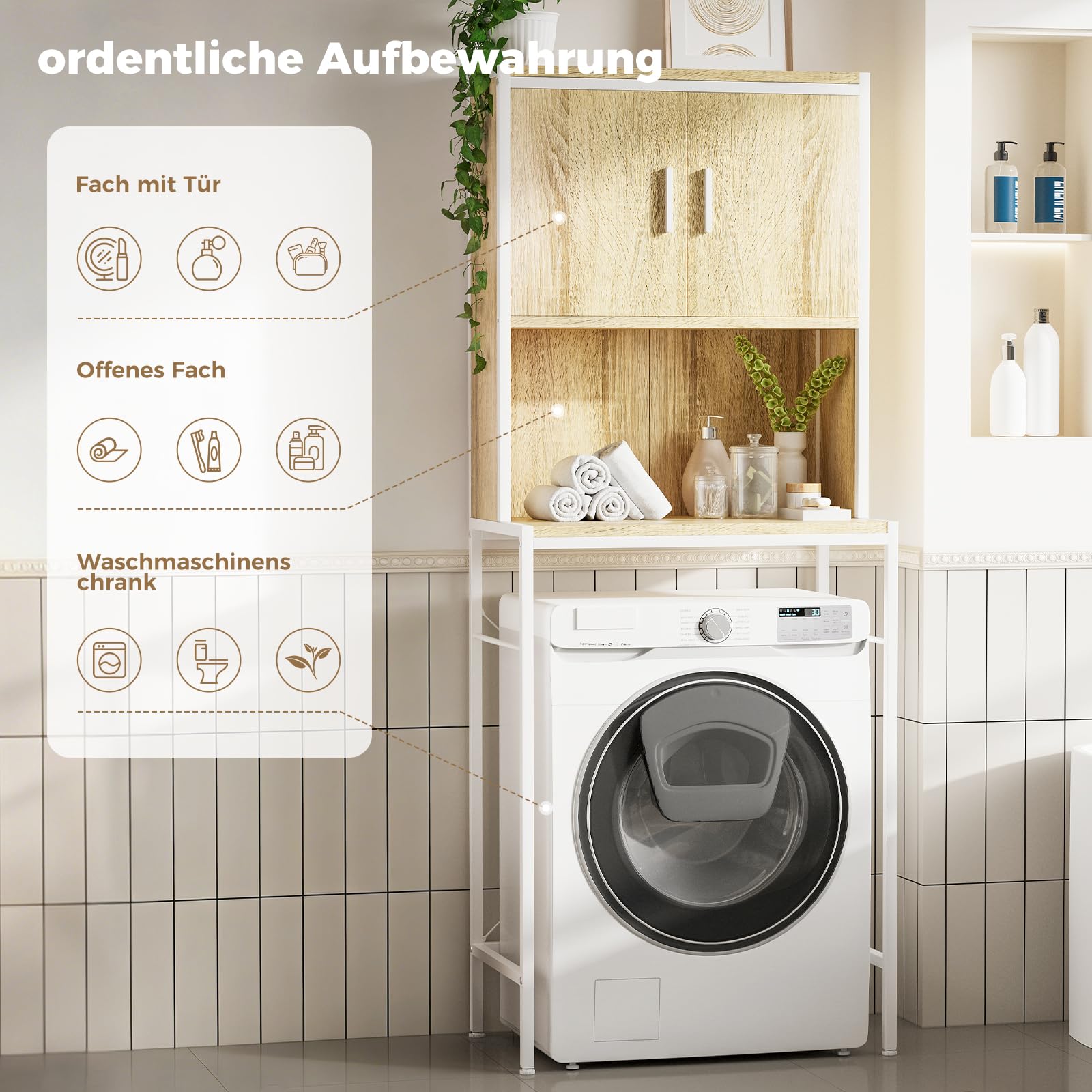 ELUCHANG Mobile Lavatrice,con Ante e Ripiano Aperto,mobile alto per bagno,Mobiletto Bagno Salvaspazio,Rovere Chiaro +Bianco,67x40x174cm