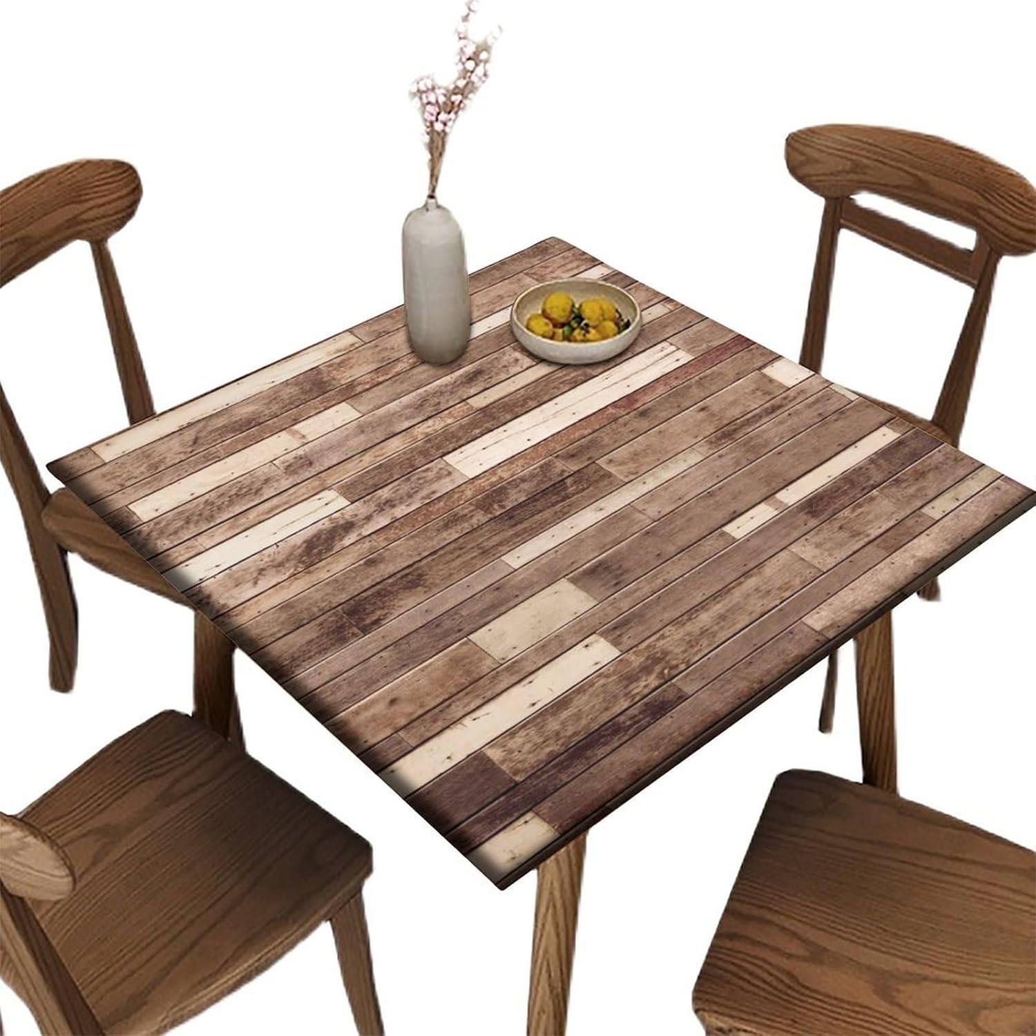 Elastic Edge Square Fitted Tablecloth, Brown Wood Grain Polyester Table Cover, for Kitchen Dining Party Patio Tabletop Decoration, Fit for 24" x 24"Square Table Brown Wood Grain Fit for 24" x 24"square table