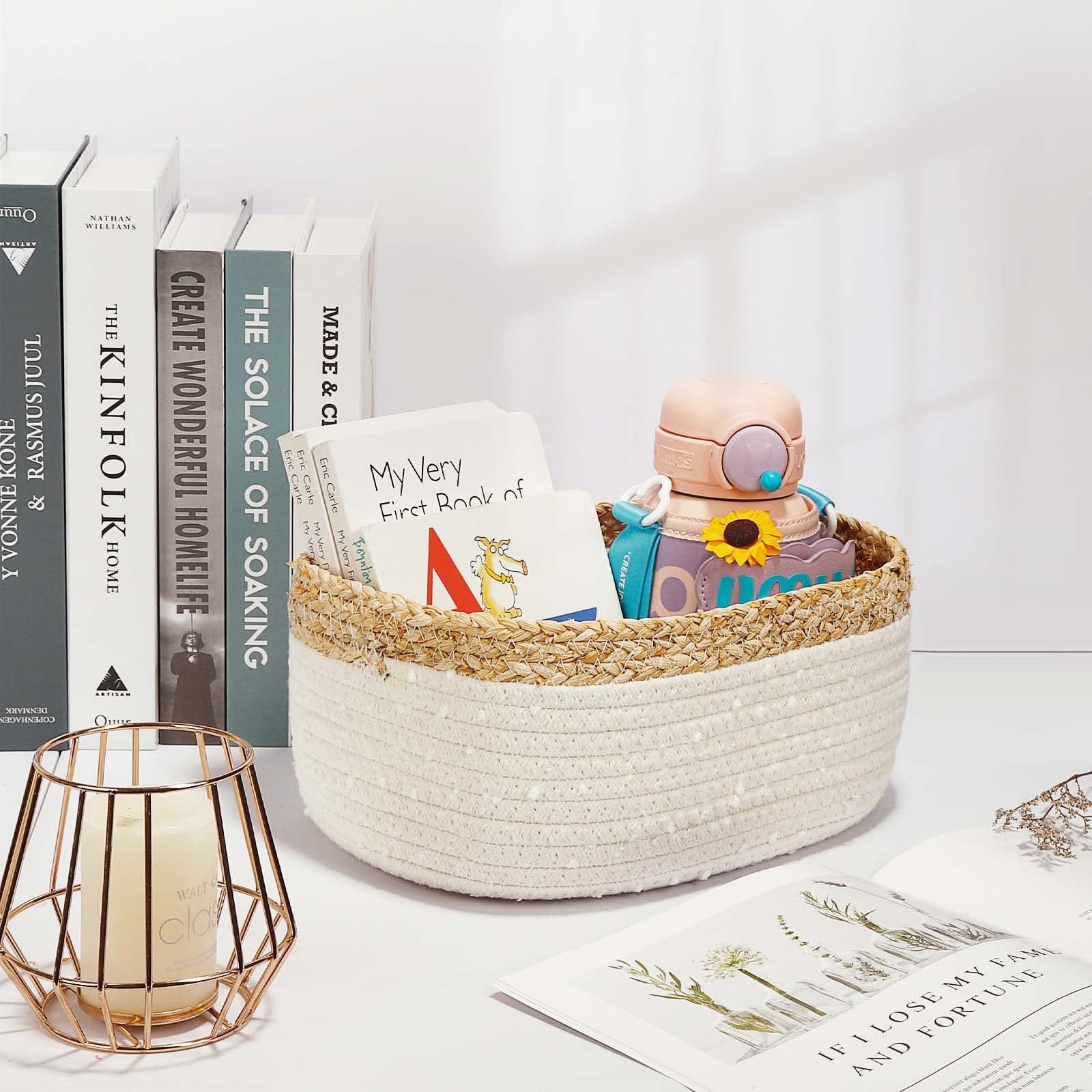 Panier de rangement enfants corde tressée 4 set, salle de bain, table à langer empilable et polyvalent pour décoration chambre d’enfant jouets lingettes humides