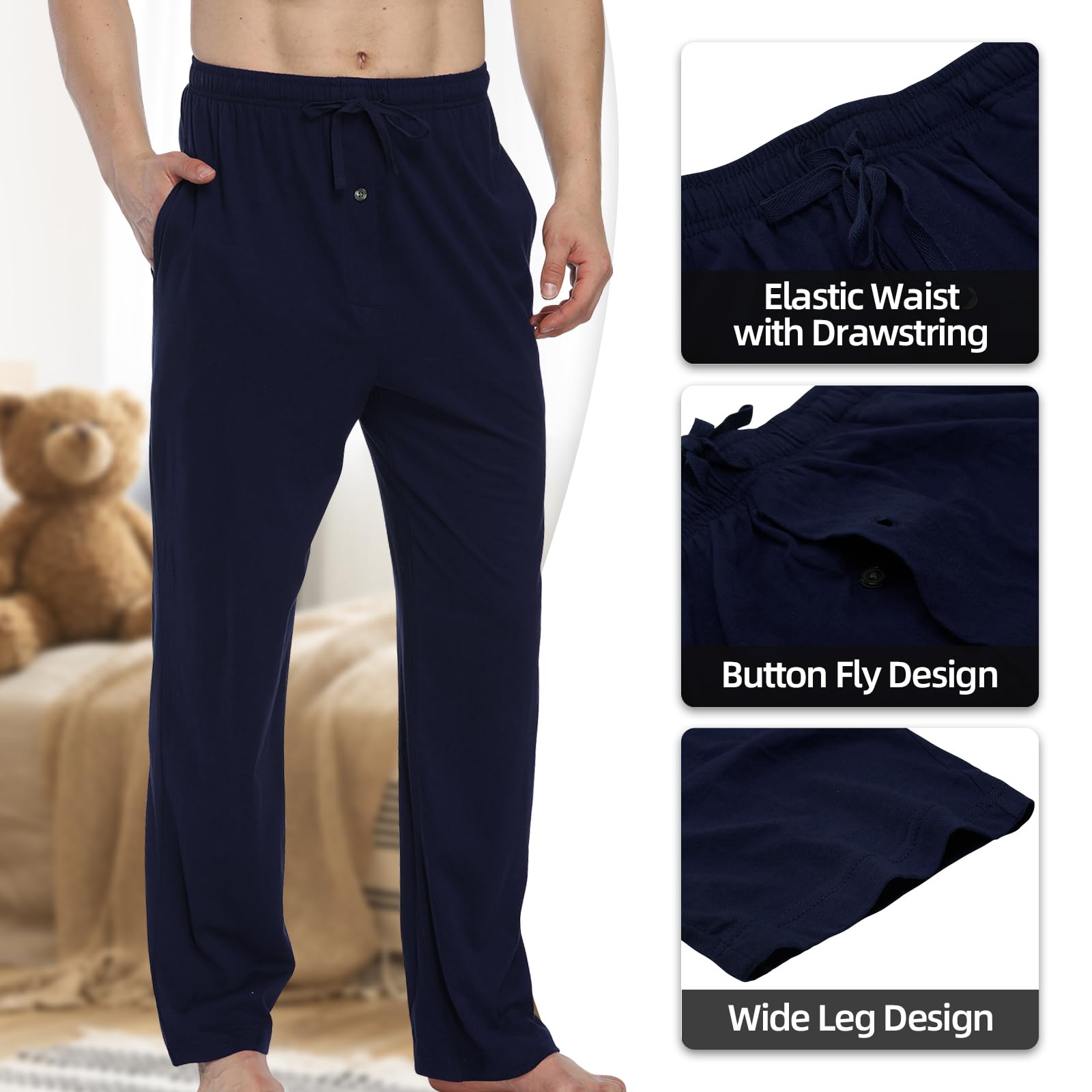 HomyComy Pantaloni Pigiama Uomo 100% Cotone Leggero Abbigliamento da Notte Pantaloni del Pigiama Sciolti a Quadri da Uomo con Coulisse e Tasca