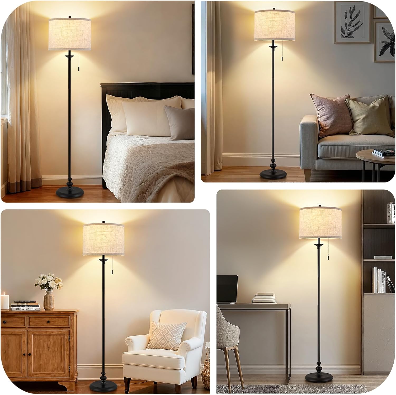 Luvkczc Black Floor Lamp, 60" Standing Lamp Tall Lamp with Fabric Lampshade&Pull Chain Corner Floor Lamps for Living Room, Bedroom & Office Bulbs Not Included