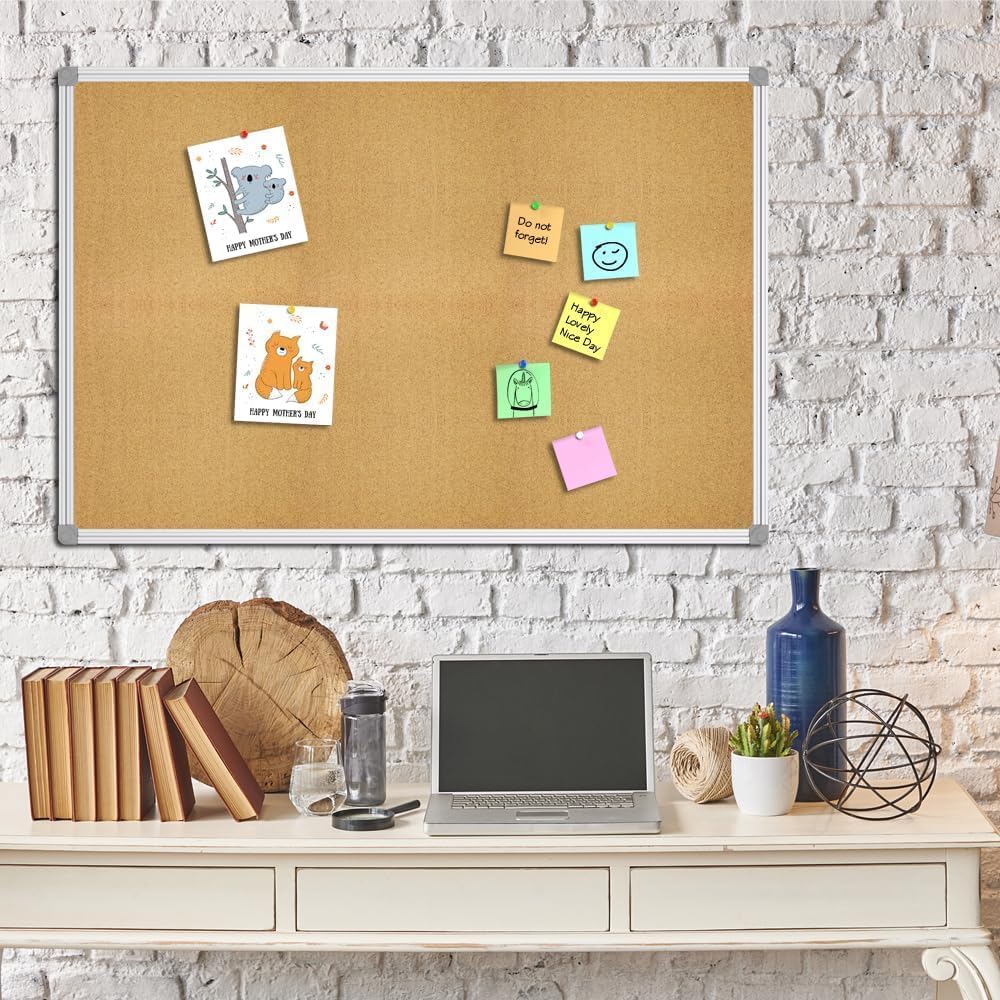 Lockways Cork Board Bulletin Board, Double Sided Corkboard 48 x 31, Wall-Mounted Aluminum Framed Message Presentation Notice Board