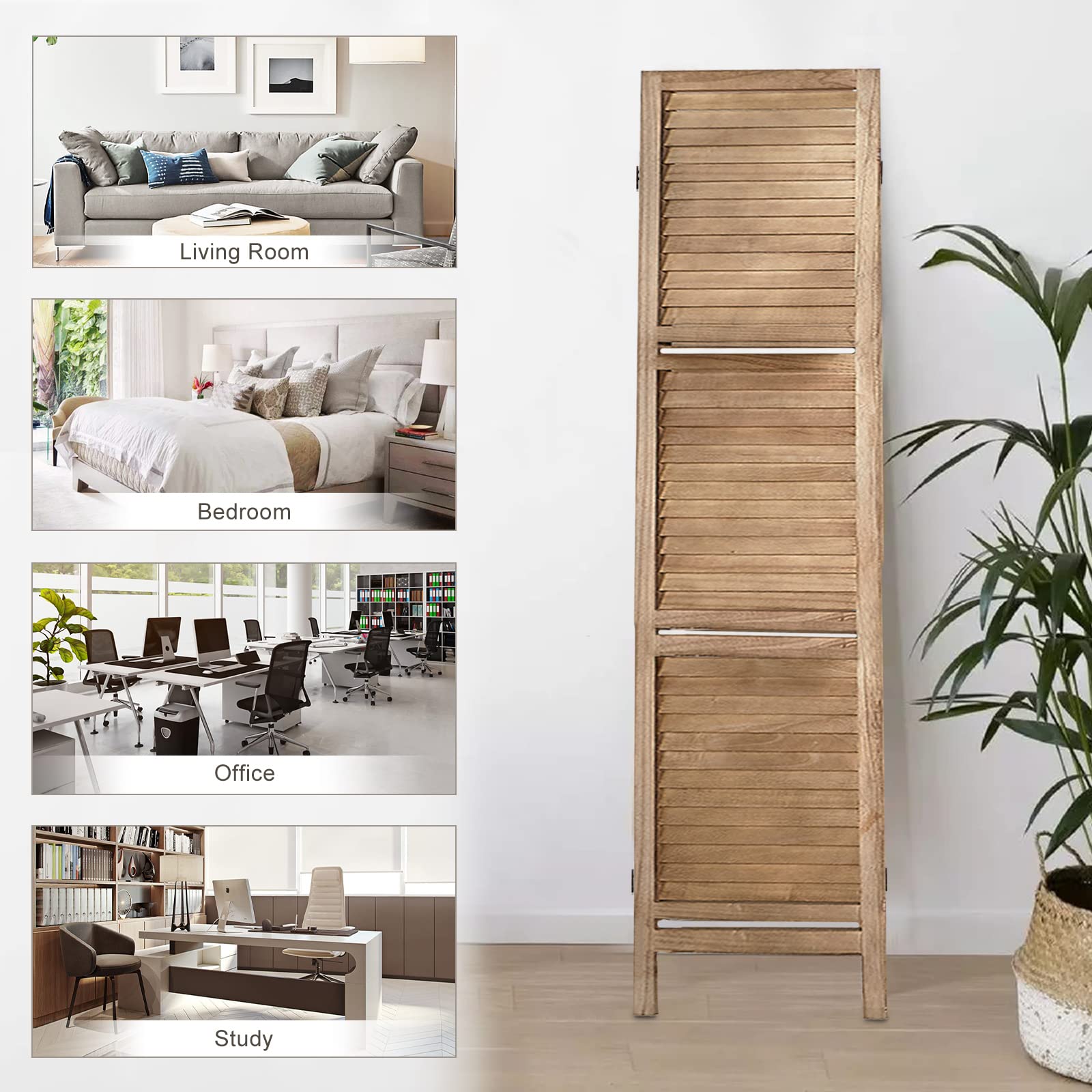 AMBITION LAND 4-Panel Wooden Room Divider - Folding Privacy Screen With Shelves, Rustic Louvered Design (Coconut White) - View #12
