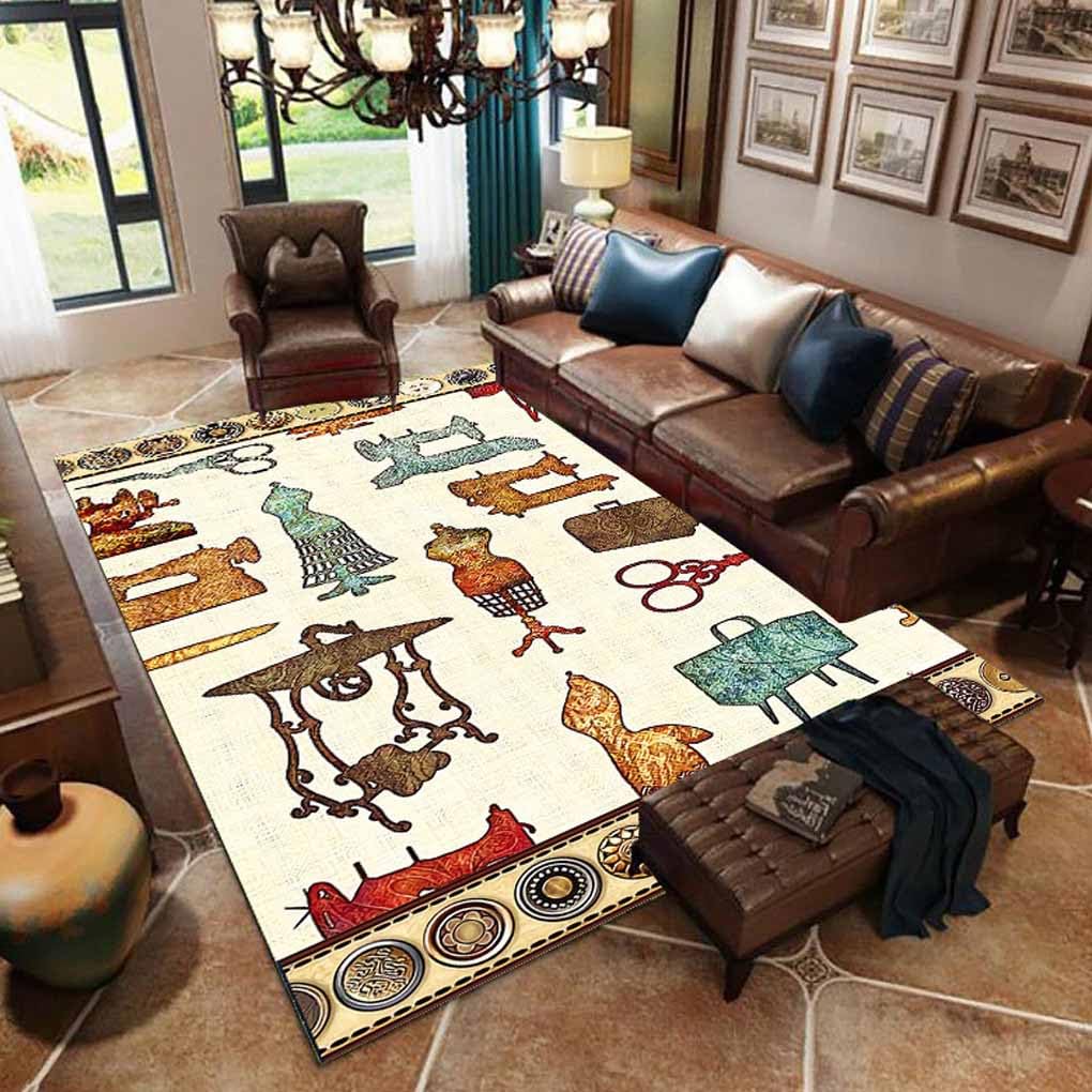 Sewing Room Themed Area Rug 3ftx5ft for Craft Room Dining Room Vintage Scissors Buttons Print Carpet for Under Table Entryway Non-Slip Sewing Machine Rug