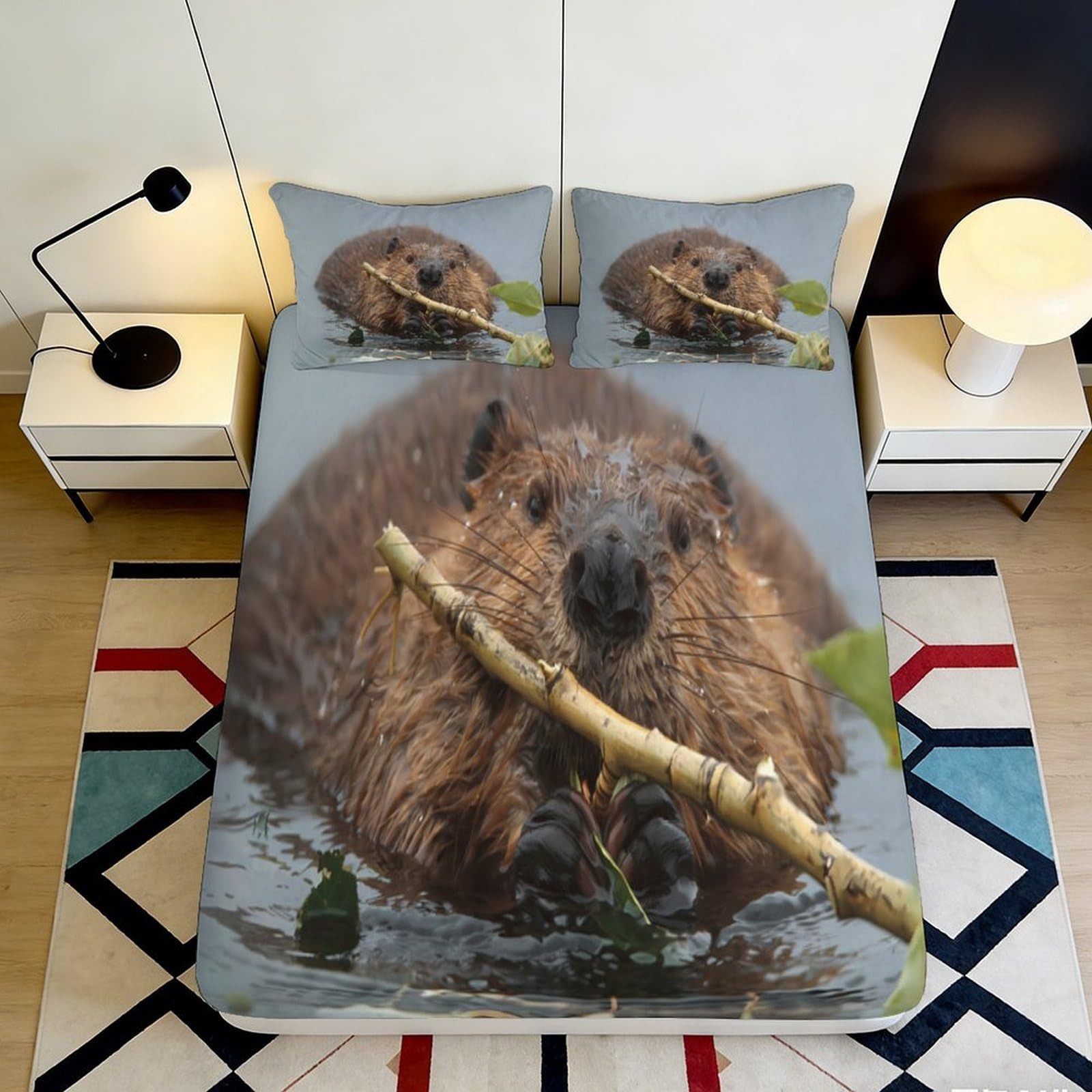 3D Printed Beaver Forest Fitted Sheet Microfiber Soft Animal River Bed Cover for Bedroom Dorm Mattress Protector 90x200x25cm